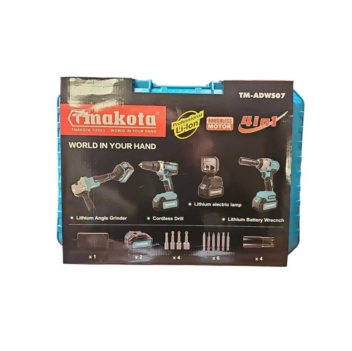 KIT 4 in 1 Trapano Avvitatore + Avvitatore a Impulsi + Smerigliatrice a Batteria + Faro