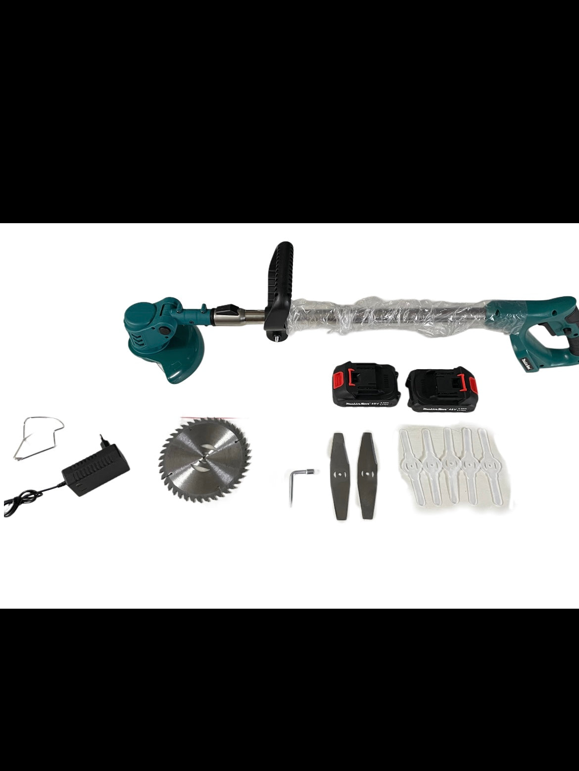 TAGLIAERBA TAGLIABORDI DOPPIA BATTERIA 48v 4000mAh CON DISCO CIRCOLARE, 2 LAME IN ACCIAIO E 5 LAME IN PLASTICA ( TESTINA CON FILO IN ACCIAIO IN OMAGGIO)