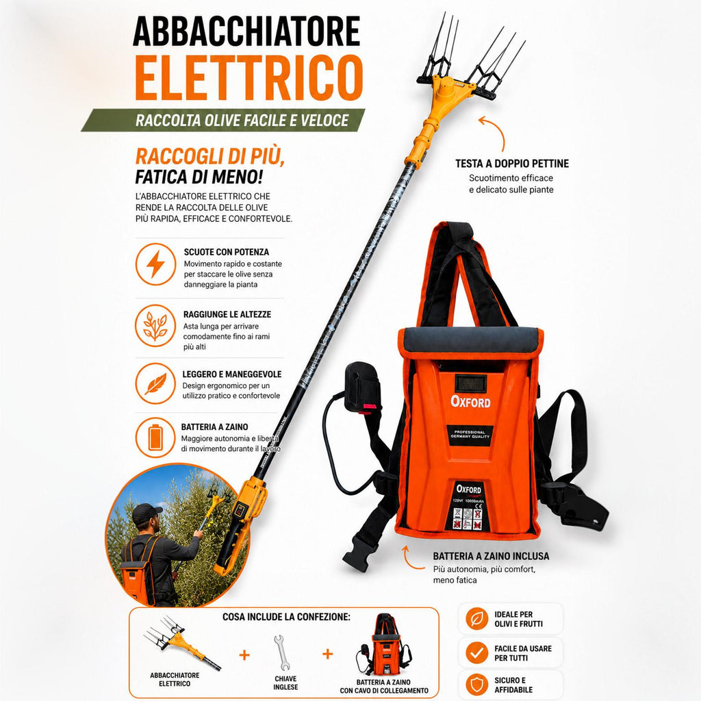 Abbacchiatore Scuotiolive Elettrico con Batteria a Zaino 128Vf 10000mAh Motore Brushless 140W 5 Velocità 800-1250 BPM Pettini in Fibra di Carbonio