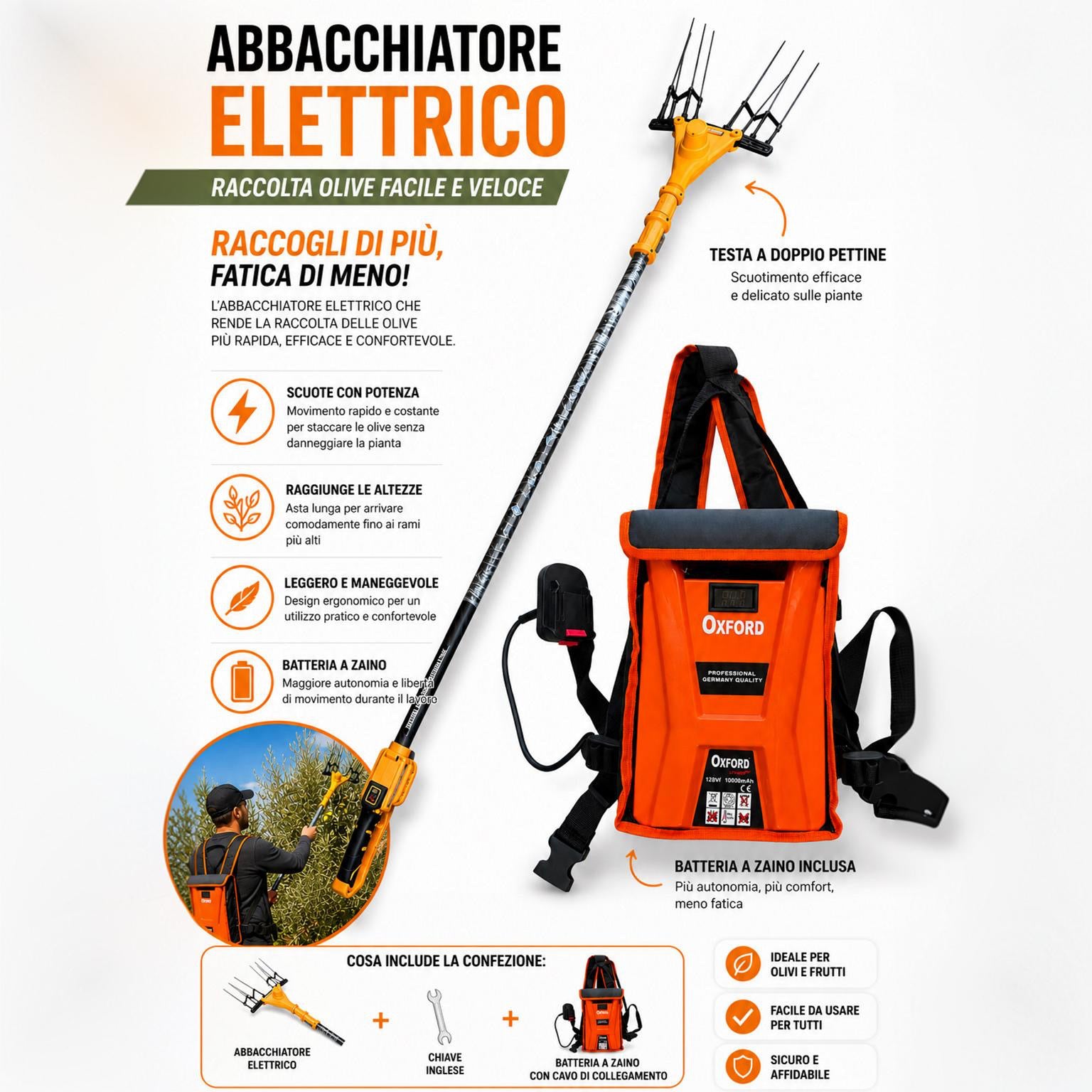 Abbacchiatore Scuotiolive Elettrico con Batteria a Zaino 128Vf 10000mAh Motore Brushless 140W 5 Velocità 800-1250 BPM Pettini in Fibra di Carbonio