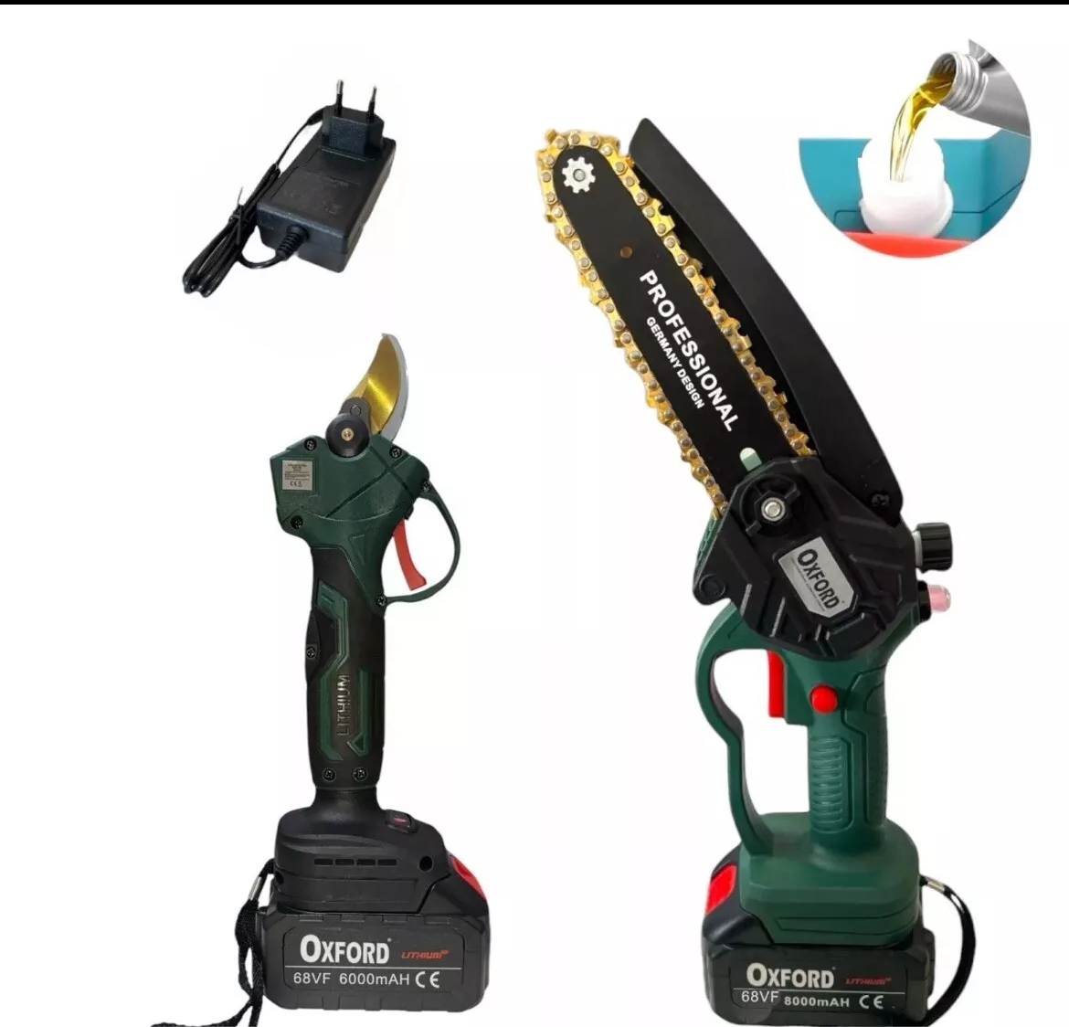 Kit Potatura Forbice Cesoia Motosega 6" a batteria 68Vf +asta telescopica CH0402