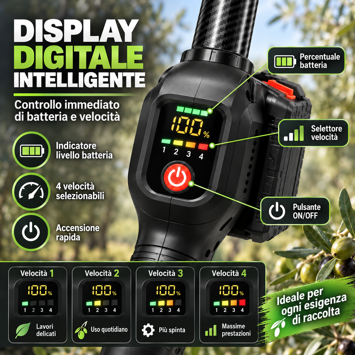 Abbacchiatore Elettrico per Olive 2 in 1 600W con 2 Batterie, Cavo 15 Metri, Asta Telescopica in Fibra di Carbonio 2,30-3 m, 4 Velocità e Display Digitale