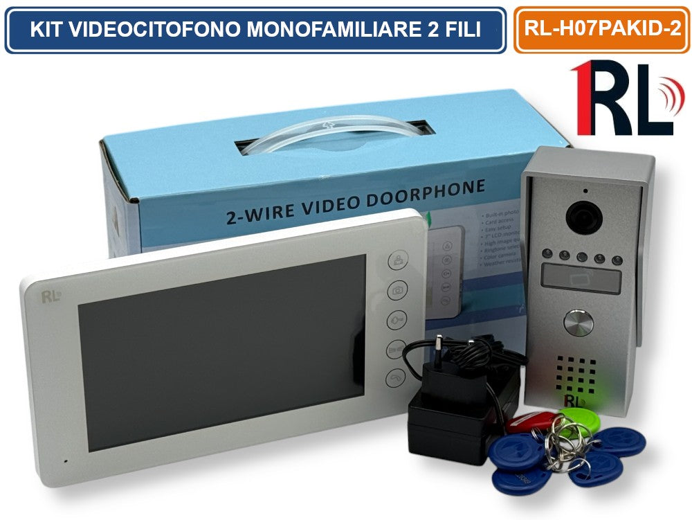 KIT VIDEOCITOFONO MONOFAMILIARE A 2 FILI MONITOR A COLORI 7" APERTURA ELETTROSERRATURA E CANCELLO CON RFID