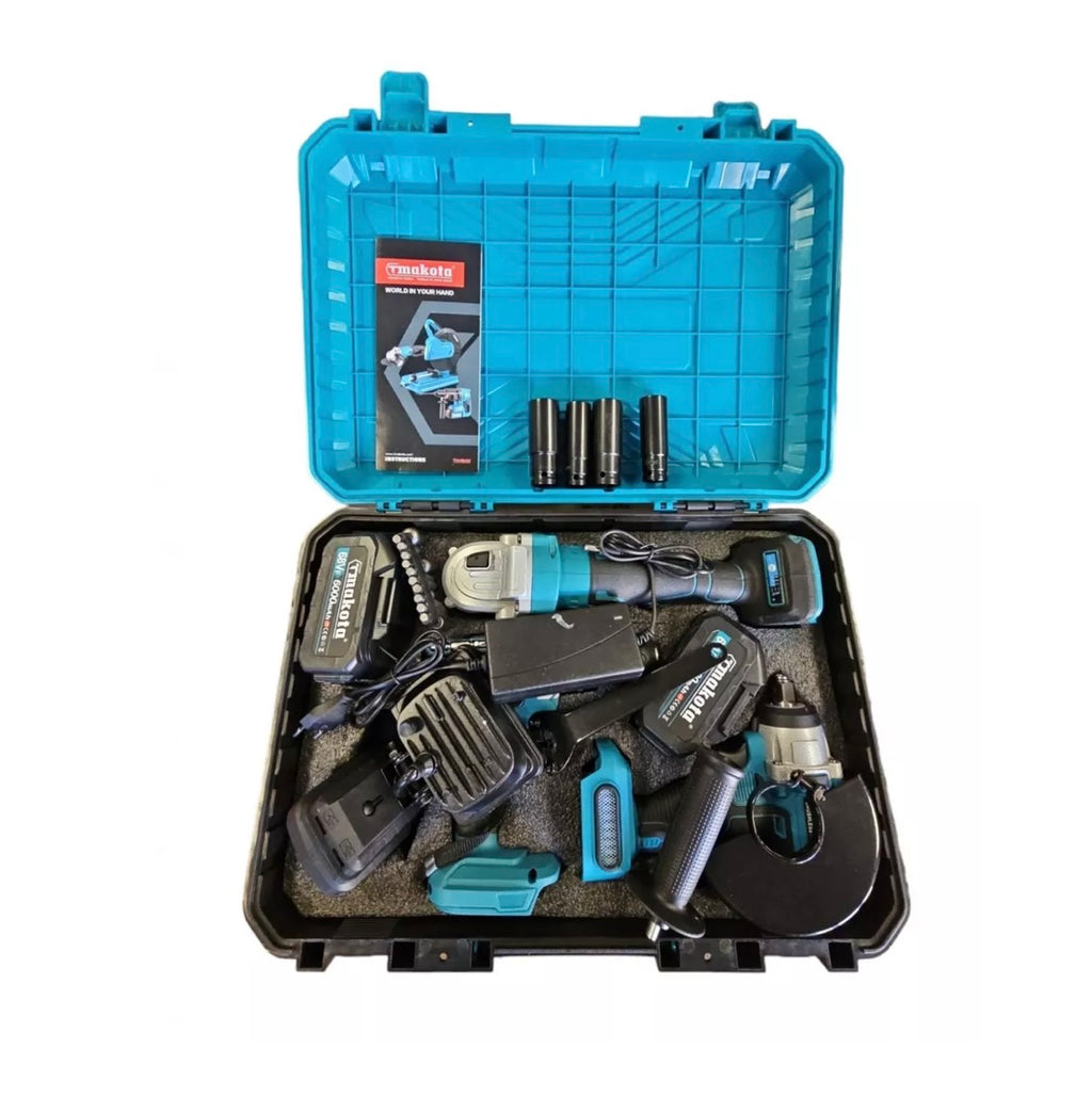 KIT 4 in 1 Trapano Avvitatore + Avvitatore a Impulsi + Smerigliatrice a Batteria + Faro