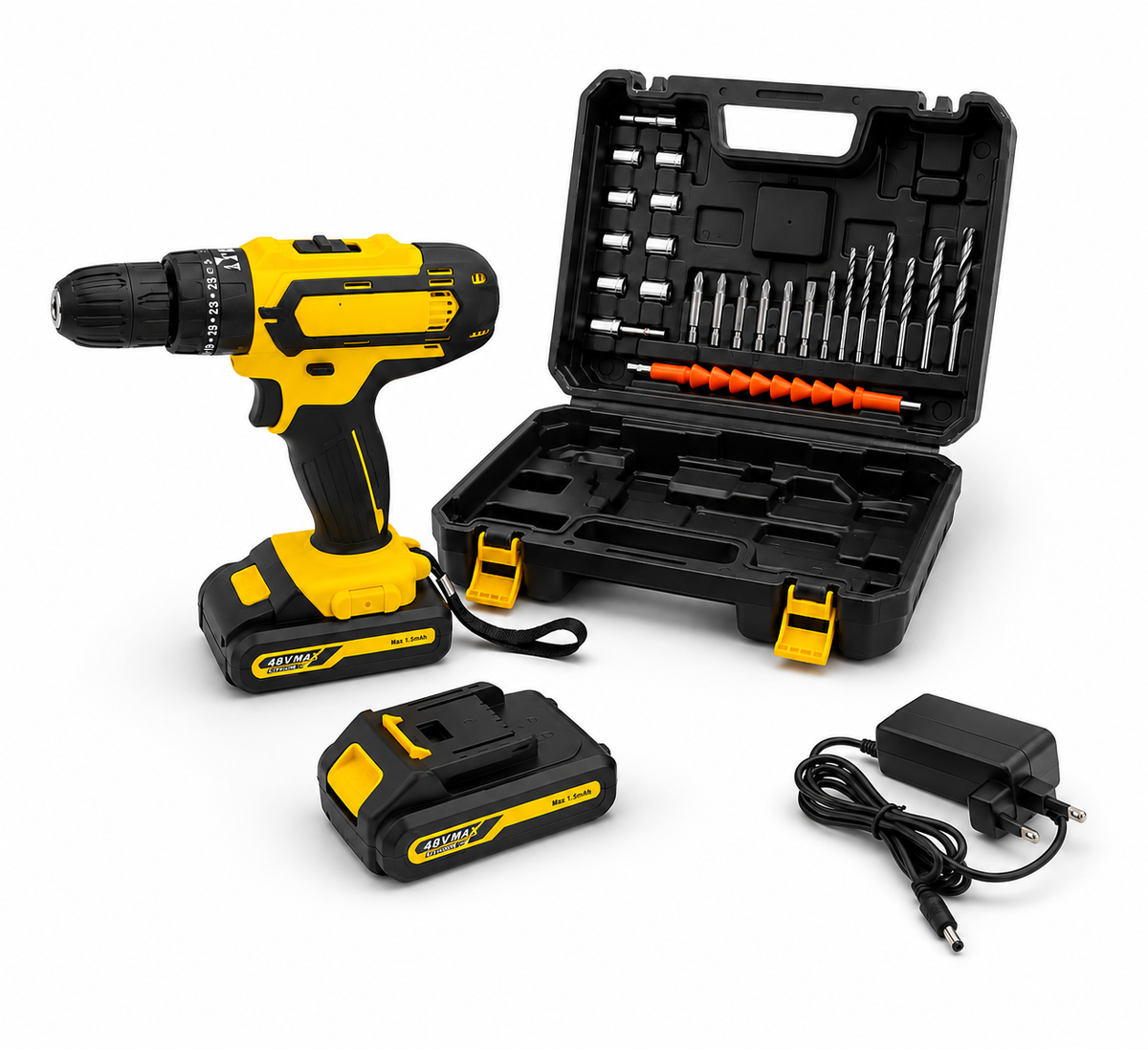 Trapano Avvitatore con Percussione 48V con Valigetta Completa, 2 Batterie e Set Accessori