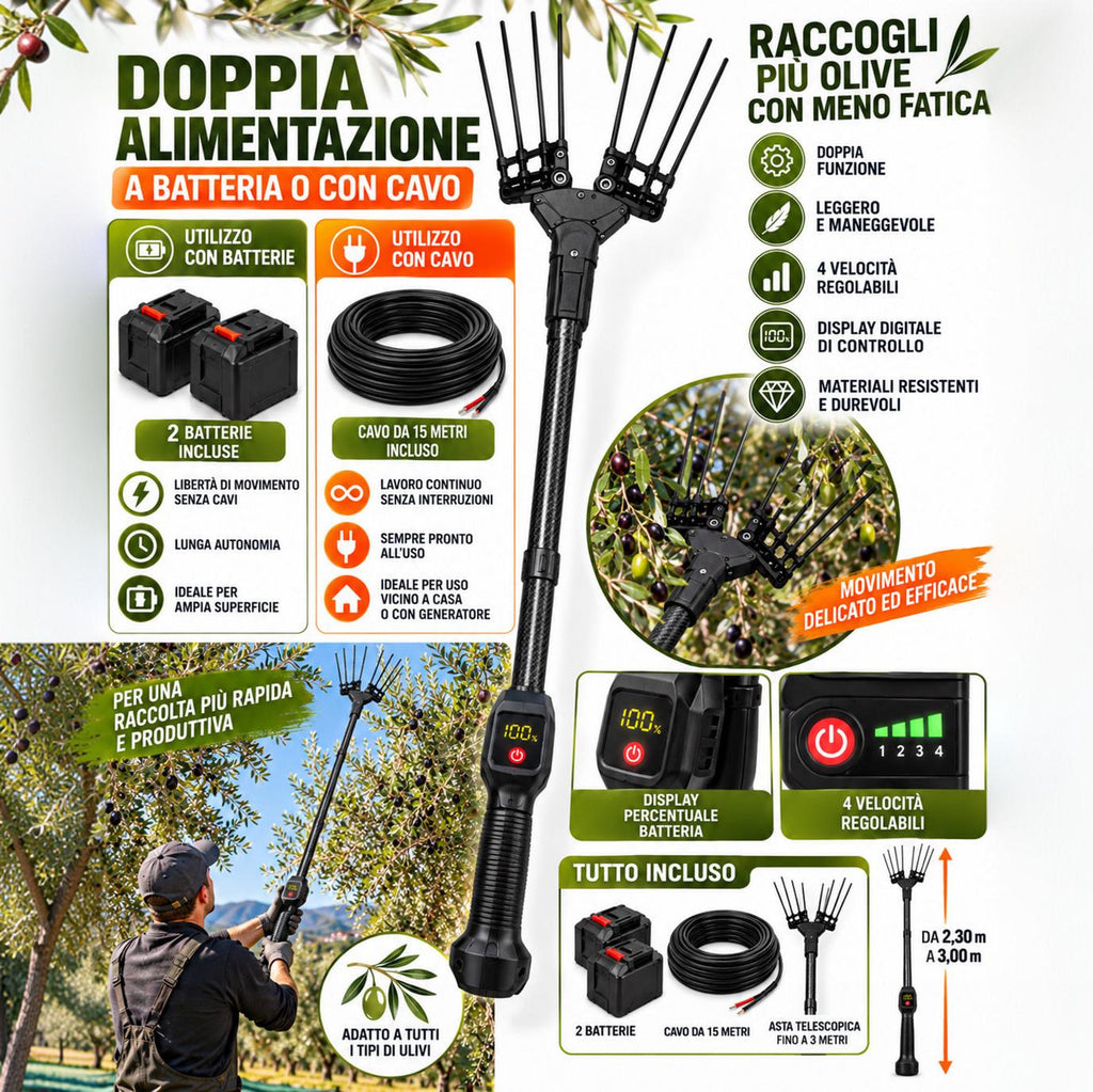 Abbacchiatore Elettrico per Olive 2 in 1 600W con 2 Batterie, Cavo 15 Metri, Asta Telescopica in Fibra di Carbonio 2,30-3 m, 4 Velocità e Display Digitale