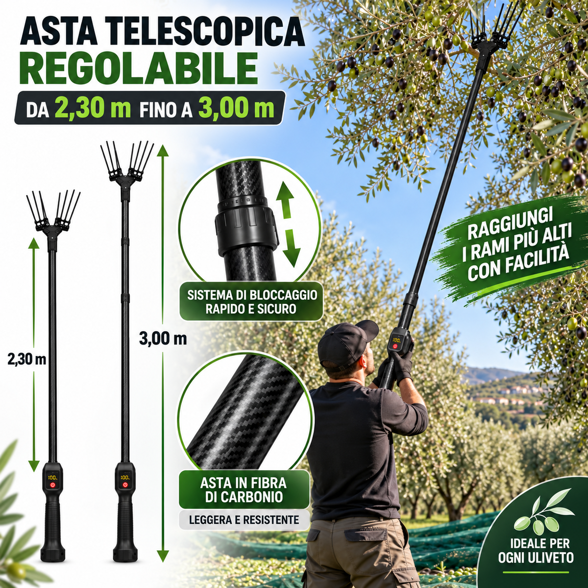 Abbacchiatore Elettrico per Olive 2 in 1 600W con 2 Batterie, Cavo 15 Metri, Asta Telescopica in Fibra di Carbonio 2,30-3 m, 4 Velocità e Display Digitale