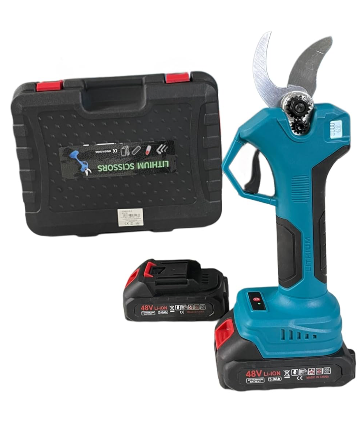 Forbice Elettrica da Potatura 30mm, 48V Li-ion, Display LED Conta Tagli, Doppia Batteria, Valigetta di Trasporto Inclusa