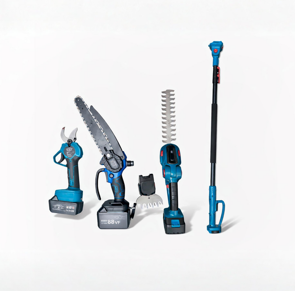 Kit Potatura Elettrico 4-in-1 con Asta Telescopica 3,10m – Motosega 8” con Oleatore + Forbice 35mm + Tagliasiepi + Rifinitore
