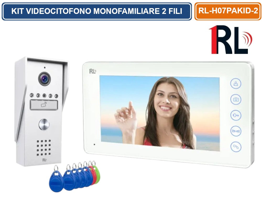 KIT VIDEOCITOFONO MONOFAMILIARE A 2 FILI MONITOR A COLORI 7" APERTURA ELETTROSERRATURA E CANCELLO CON RFID