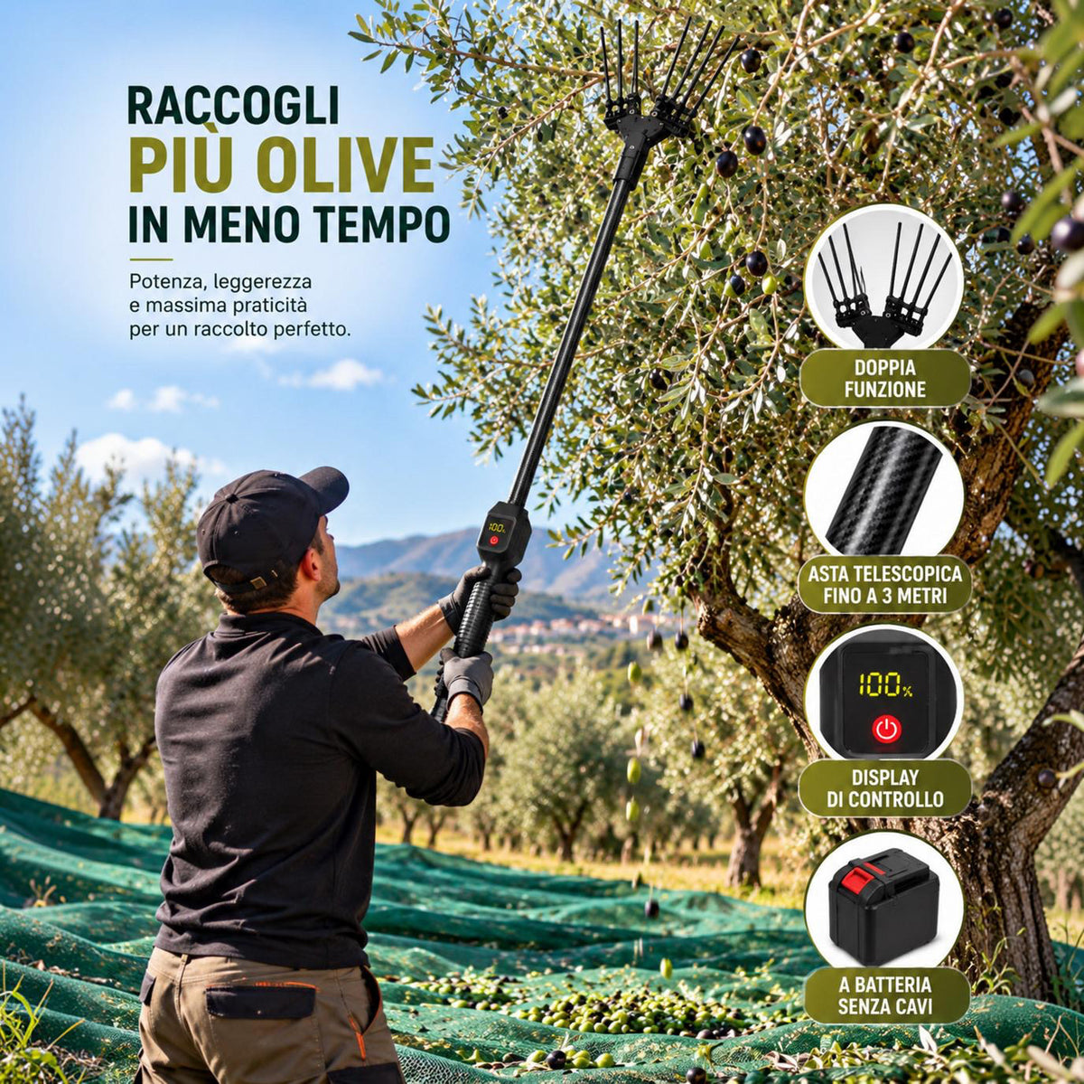 Abbacchiatore Elettrico per Olive 2 in 1 600W con 2 Batterie, Cavo 15 Metri, Asta Telescopica in Fibra di Carbonio 2,30-3 m, 4 Velocità e Display Digitale