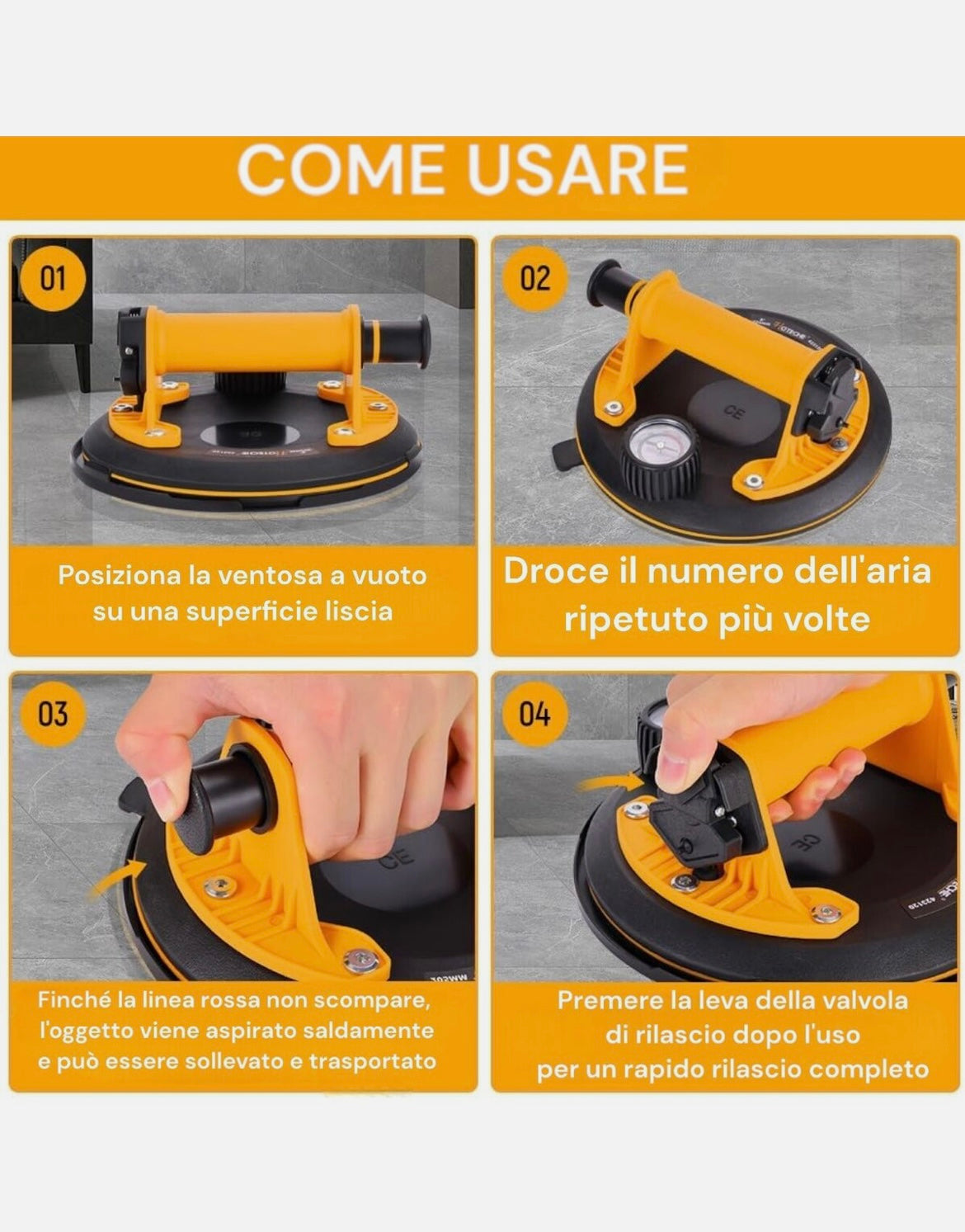 Ventosa Sollevatore con Manometro Carico Max 160kg per Piastrelle Vetro Marmo