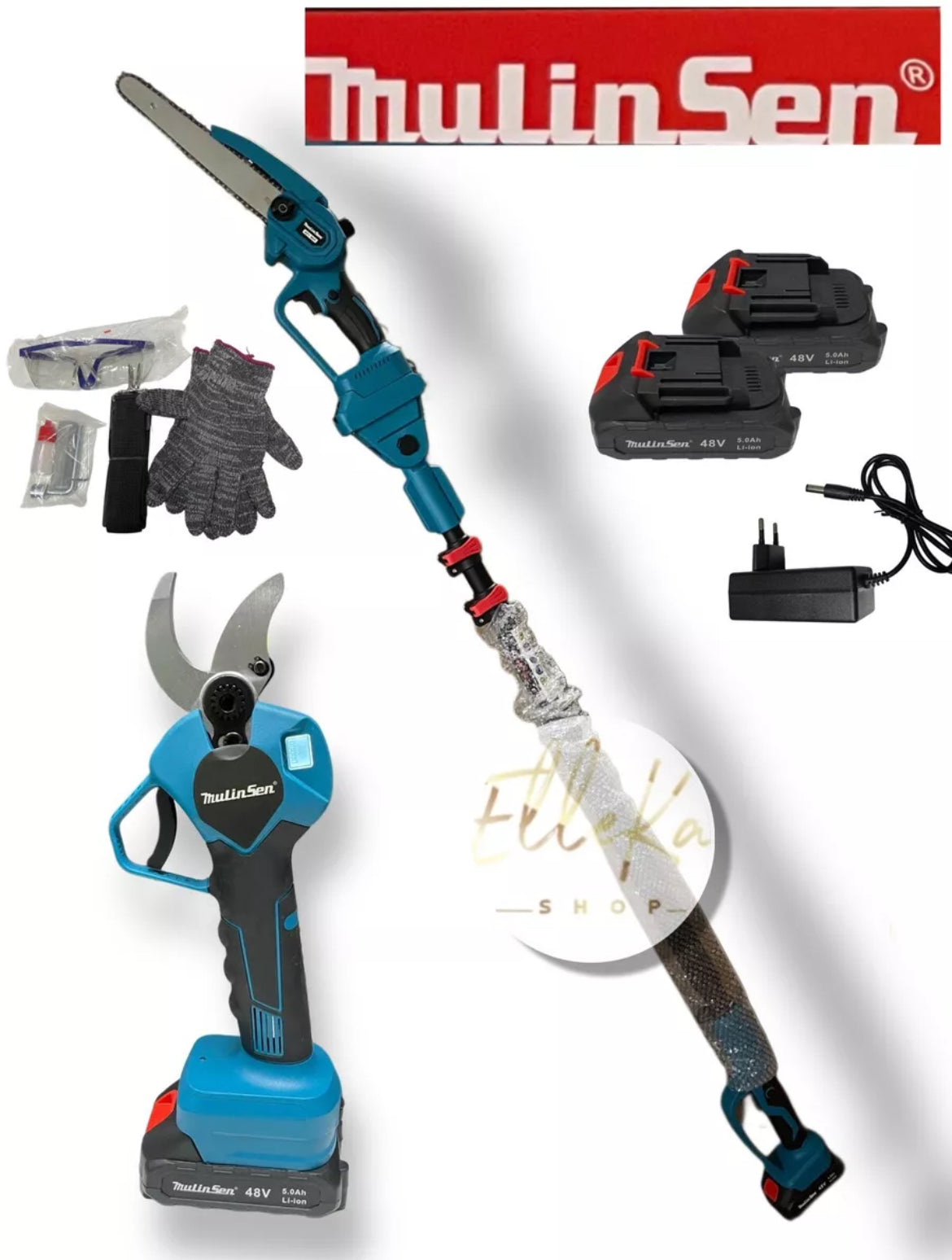 KIT POTATURA MULINSEN MOTOSEGA OLEATORE 8" + CESOIA 45mm A BATTERIA CON ASTA TELESCOPICA 320cm incluso elettroutensile