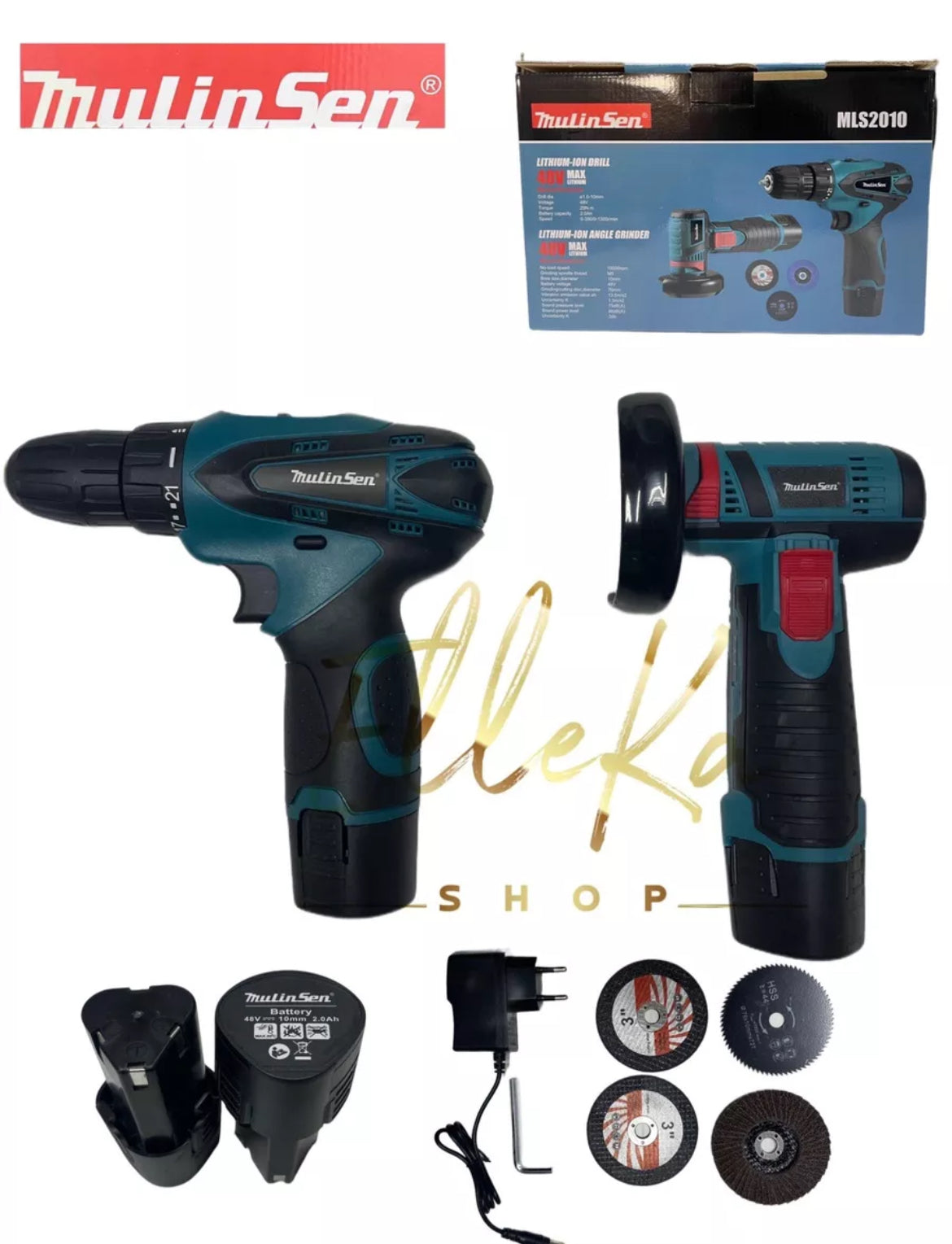 KIT TRAPANO AVVITATORE MINI SMERIGLIATRICE FLEX 2 BATTERIE 76MM 48V 2AH 4 DISCHI