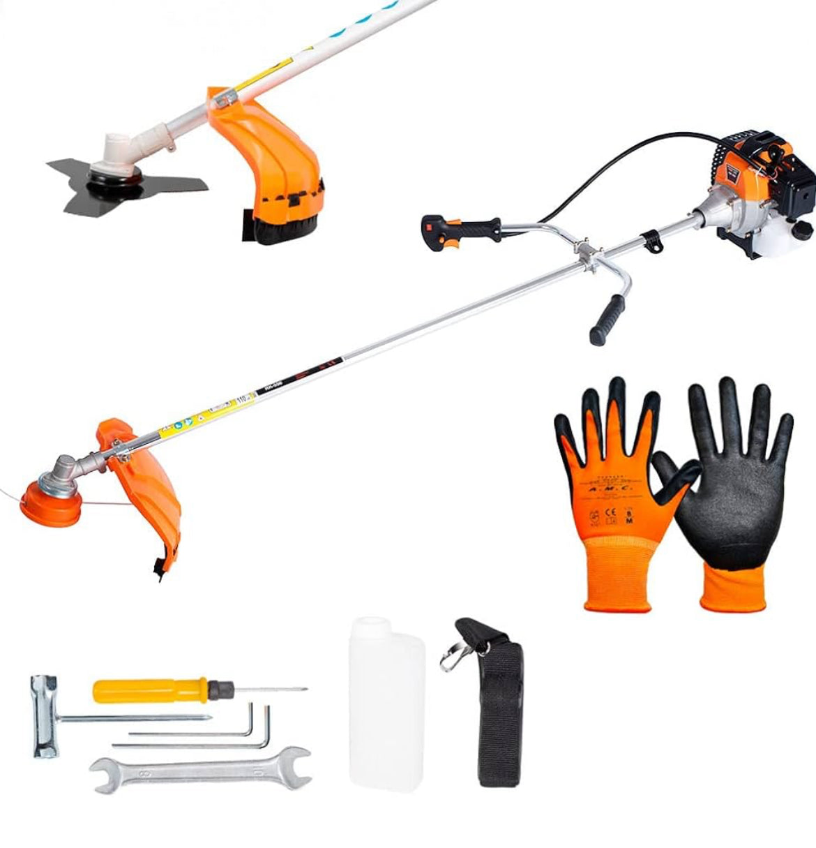 Decespugliatore a scoppio multifunzione 2 in 1 a braccia con motore 2 tempi da 52cc manico ad arco con testina e disco tre denti in acciaio tagliasiepi e bordo per fai da te o professionisti