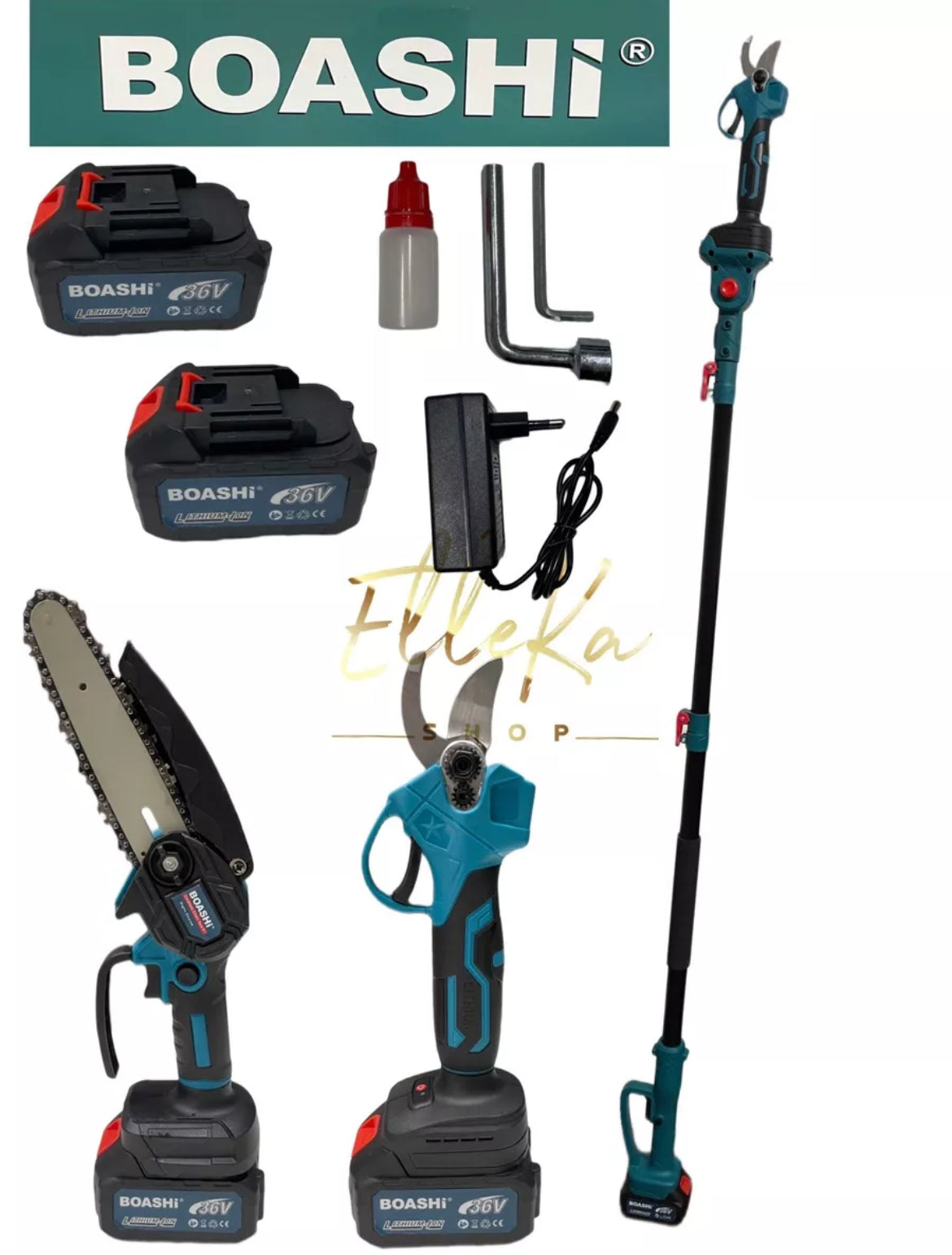 KIT POTATURA MINI MOTOSEGA 6" + FORBICE CESOIA A BATTERIA CON ASTA TELESCOPICA