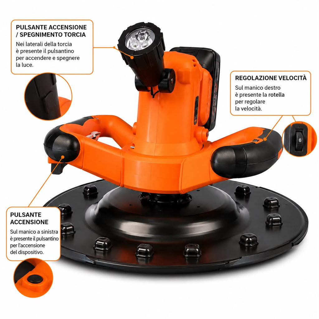 Frattazzatrice Frattazzo A Batteria Professionale per Intonaco e Rasatura con Luce LED Regolazione Velocità ,2 Batterie ,3 Dischi e Caricatore