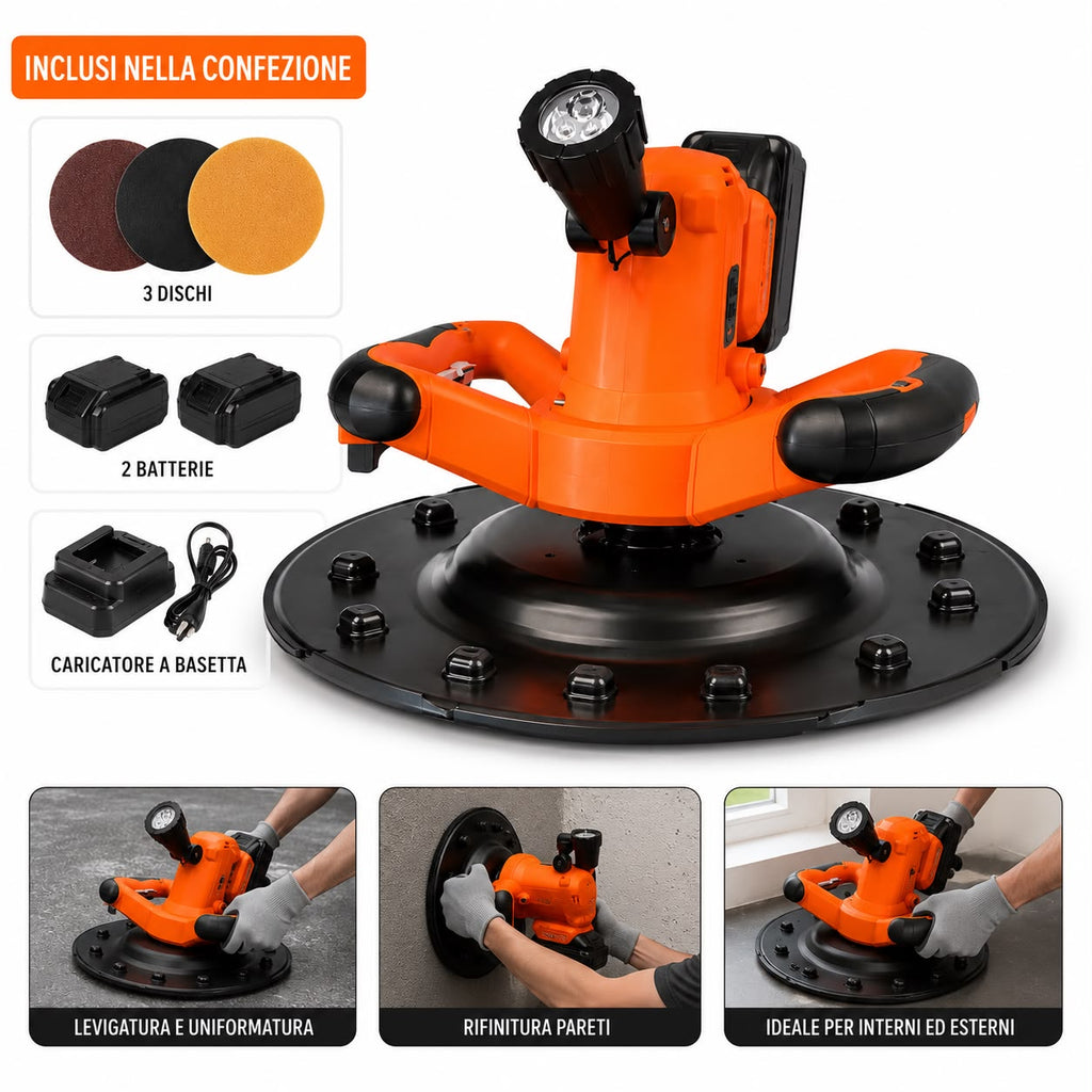 Frattazzatrice Frattazzo A Batteria Professionale per Intonaco e Rasatura con Luce LED Regolazione Velocità ,2 Batterie ,3 Dischi e Caricatore