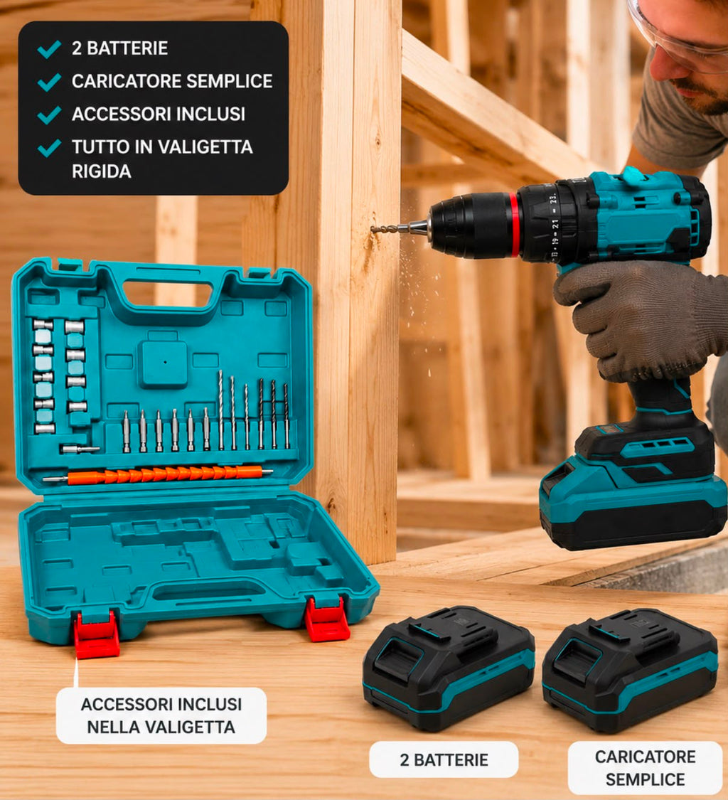 Trapano Avvitatore MAKOTA 48v a Percussione con 2 Batterie Valigetta Accessori e Caricatore