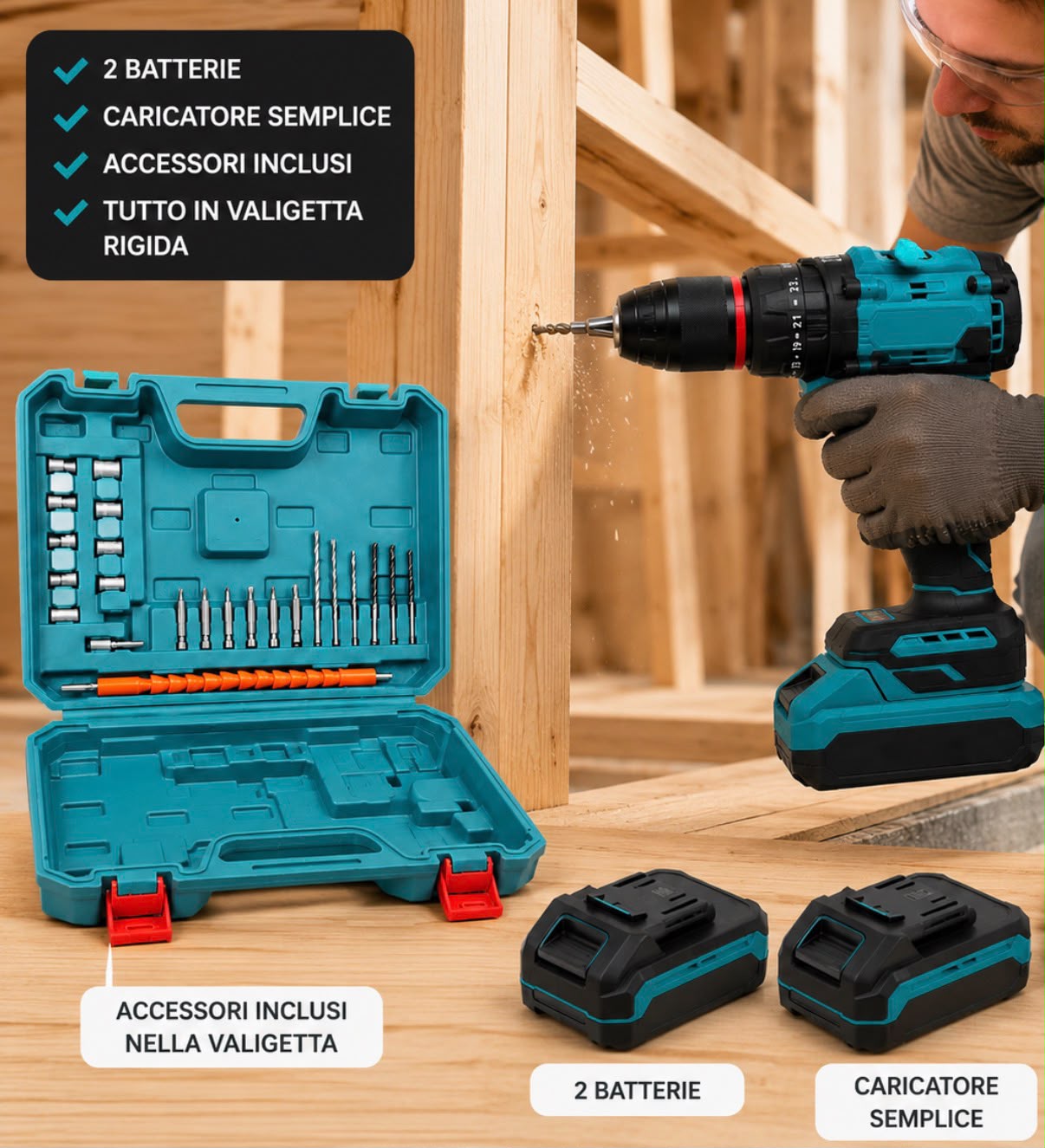 Trapano Avvitatore MAKOTA 48v a Percussione con 2 Batterie Valigetta Accessori e Caricatore
