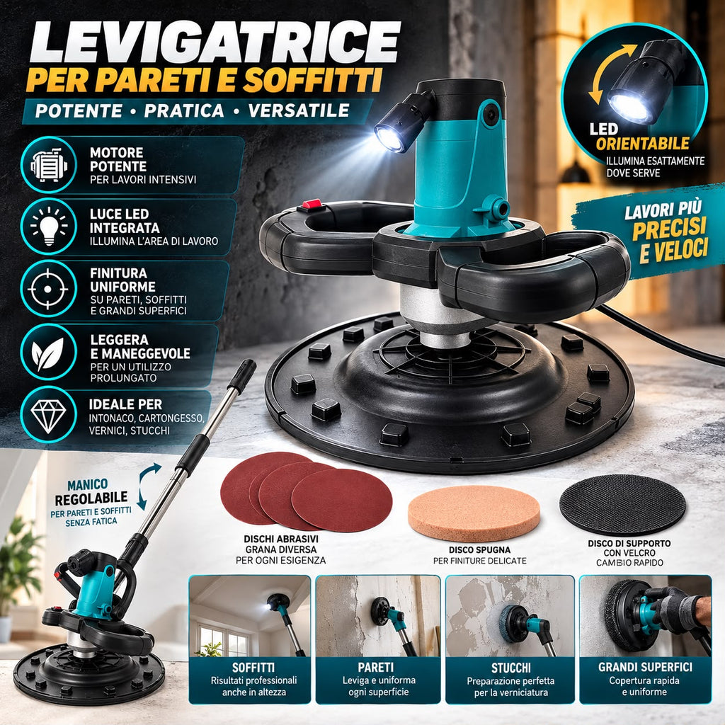 Frattazzo Elettrico 2000W con Asta Telescopica, 6 Velocità, LED e Disco Ø380 mm