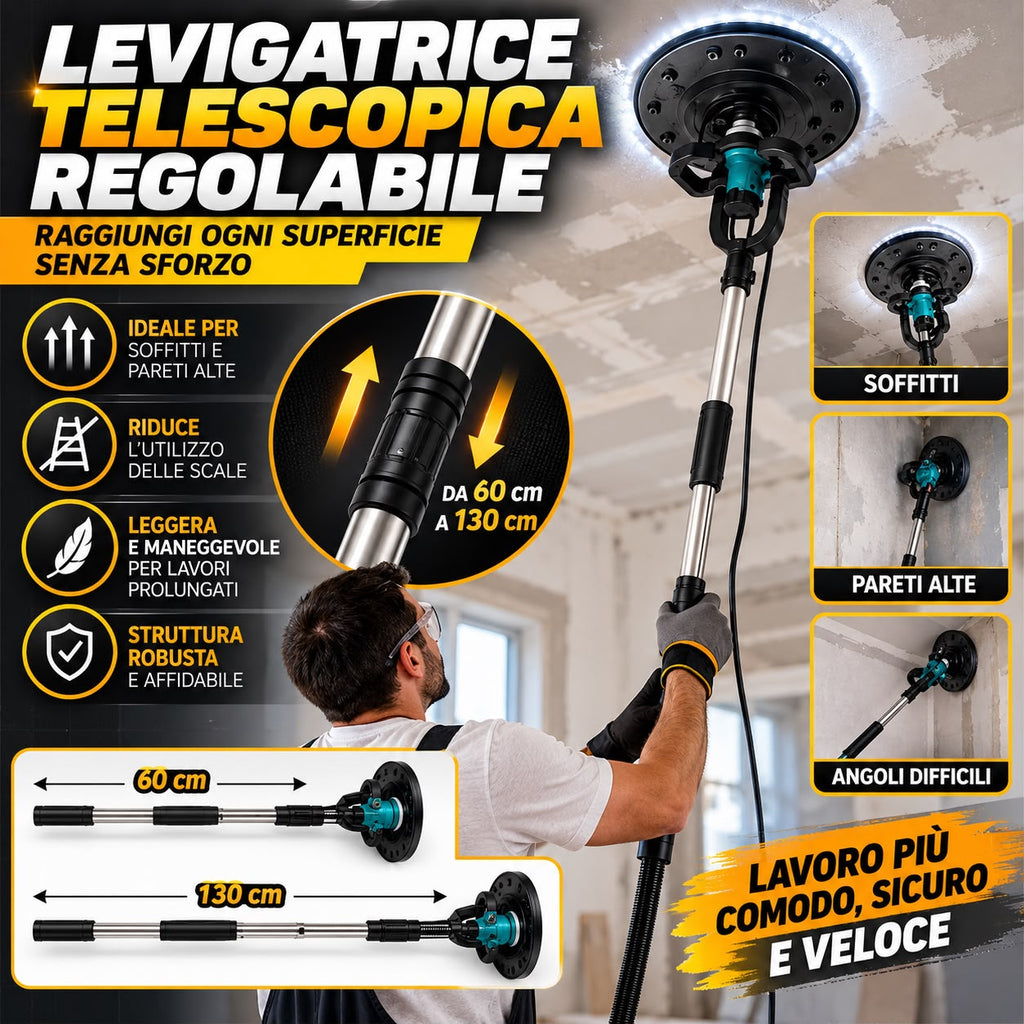 Frattazzo Elettrico 2000W con Asta Telescopica, 6 Velocità, LED e Disco Ø380 mm