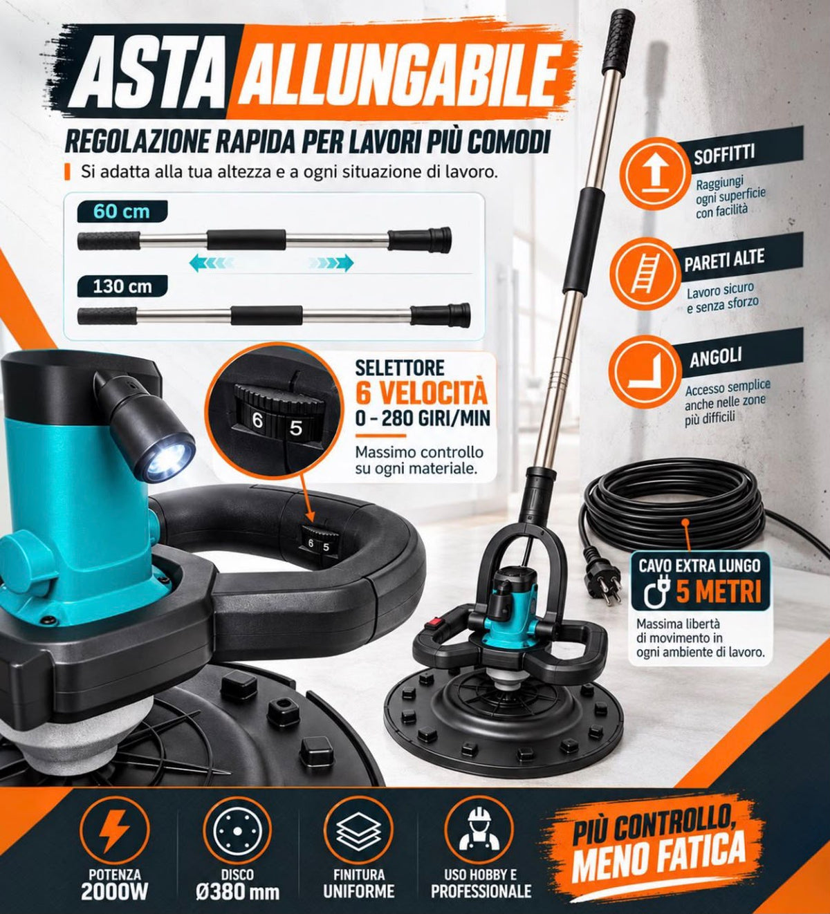 Frattazzo Elettrico 2000W con Asta Telescopica, 6 Velocità, LED e Disco Ø380 mm
