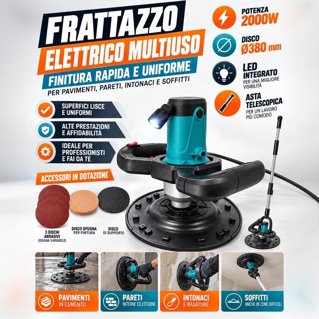 Frattazzo Elettrico 2000W con Asta Telescopica, 6 Velocità, LED e Disco Ø380 mm