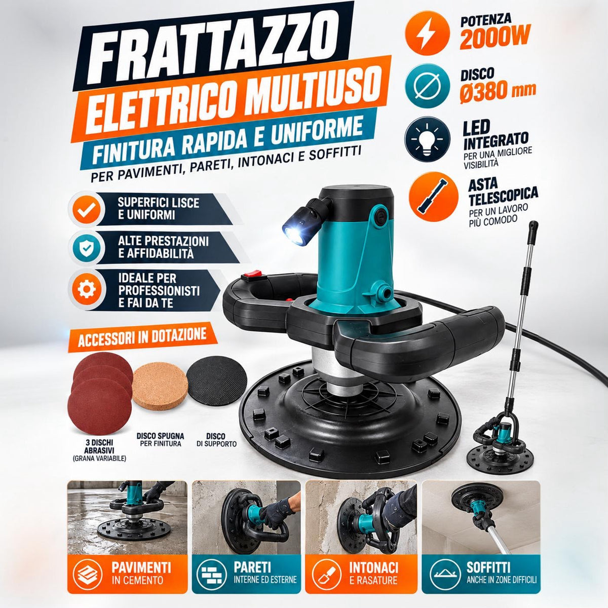 Frattazzo Elettrico 2000W con Asta Telescopica, 6 Velocità, LED e Disco Ø380 mm