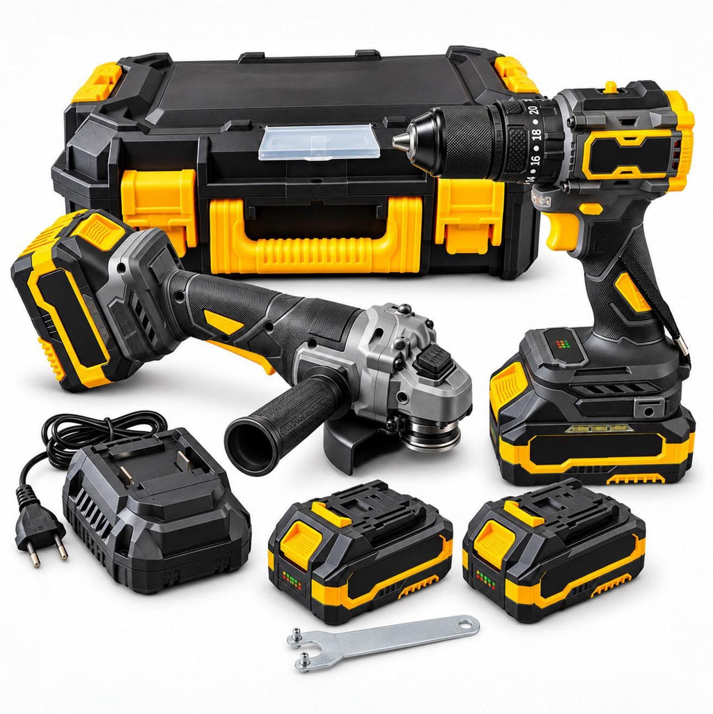 Kit Trapano Avvitatore e Smerigliatrice a Batteria Brushless con 2 Batterie, Caricatore e Valigetta