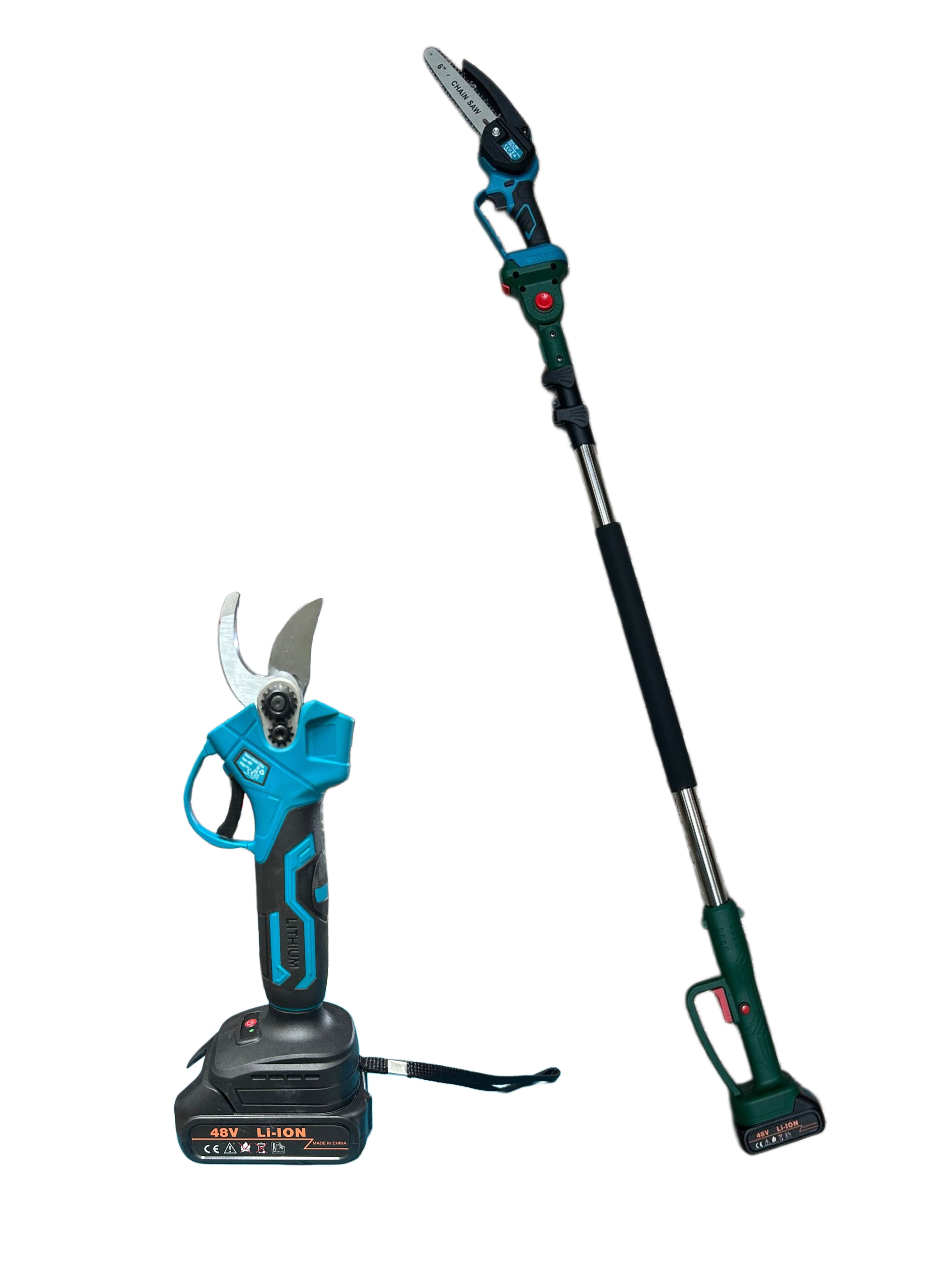 Kit Potatura Elettrico 48V con Motosega 6" e Forbice 30mm – Doppia Batteria, Asta Telescopica e Valigetta Completa