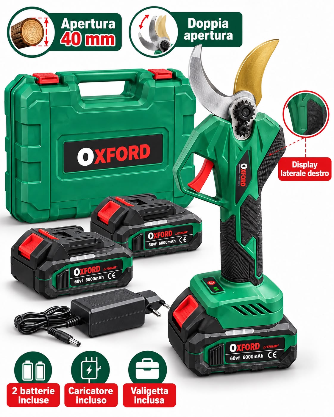 Forbici Elettriche da Potatura a Batteria 40 mm con Doppia Apertura, Display Laterale, 2 Batterie Ricaricabili, Caricatore e Valigetta Inclusi