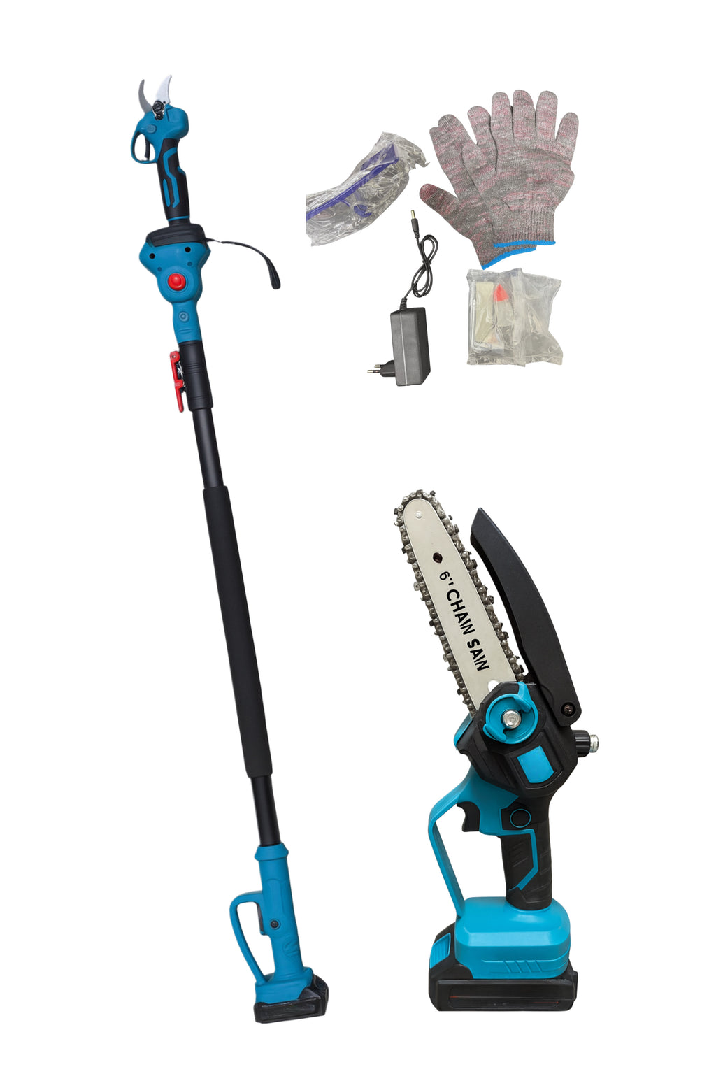 Kit Potatura Professionale 2 in 1 – Motosega 6” con Oleatore + Forbice 30mm Brushless su Asta Telescopica 2,80 m – Doppia Batteria 48V 4000mAh