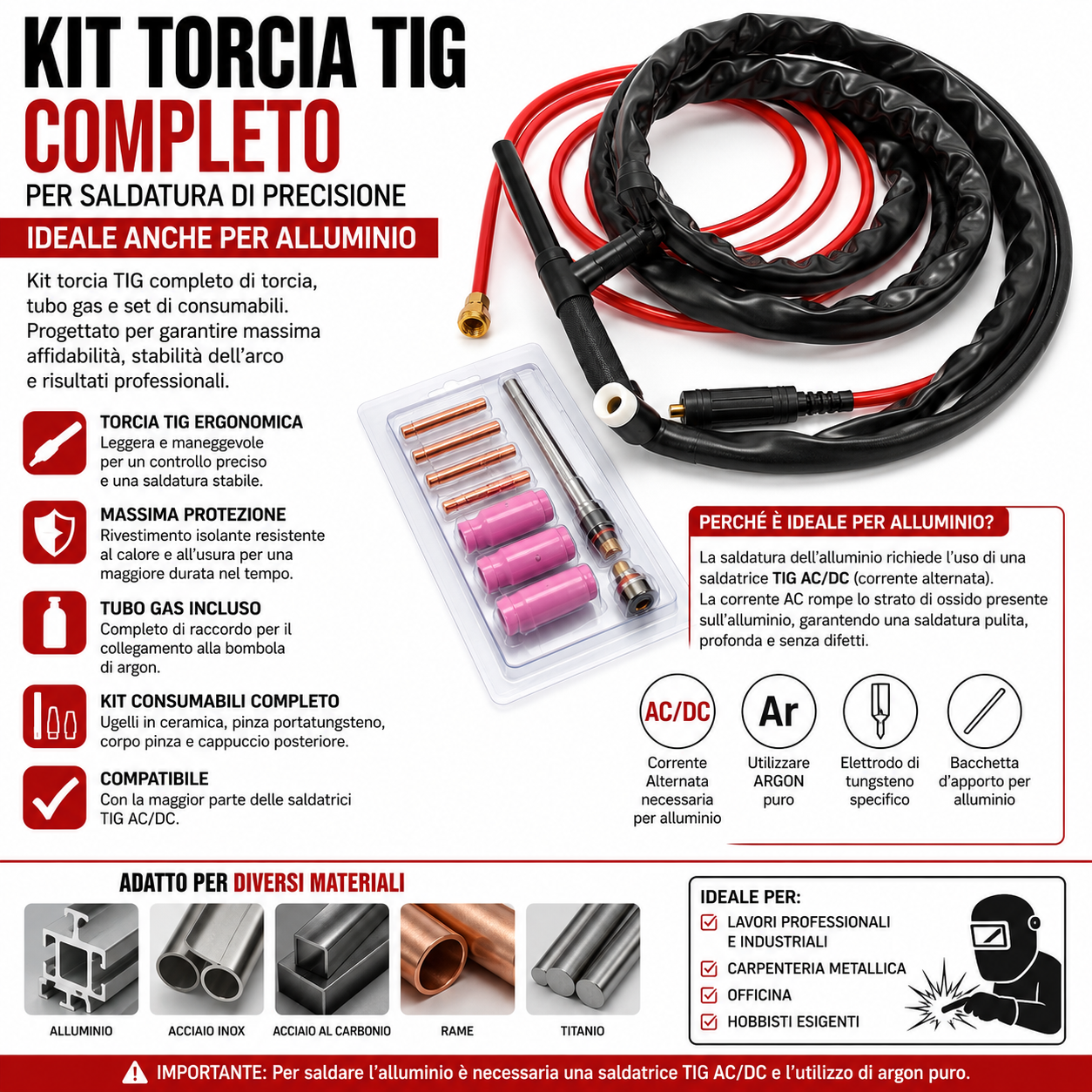 Kit Torcia TIG Completo con Tubo Gas e Set Consumabili – Compatibile con Saldatrici TIG AC/DC per Saldatura Acciaio, Inox e Alluminio