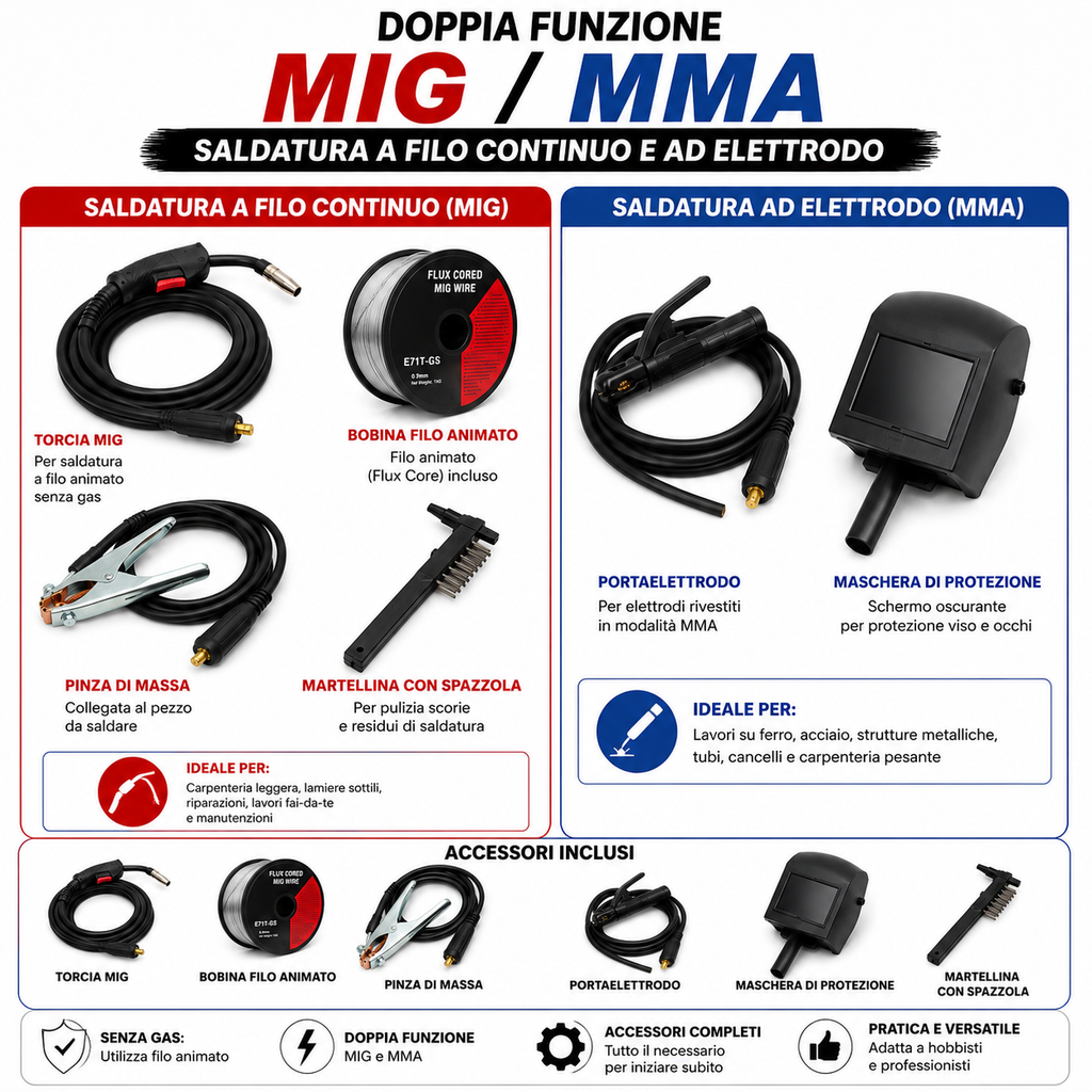 Saldatrice Inverter MIG/MMA Senza Gas con Filo Animato Incluso – Doppia Funzione a Filo Continuo ed Elettrodo – Display Digitale