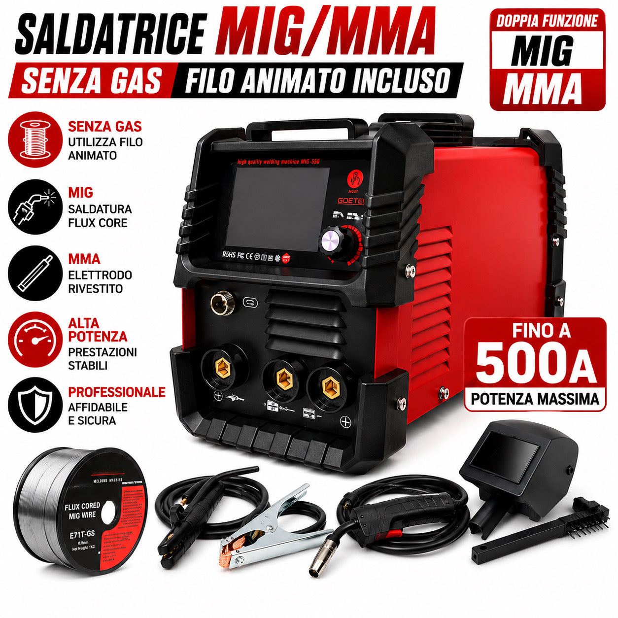 Saldatrice Inverter MIG/MMA Senza Gas con Filo Animato Incluso – Doppia Funzione a Filo Continuo ed Elettrodo – Display Digitale
