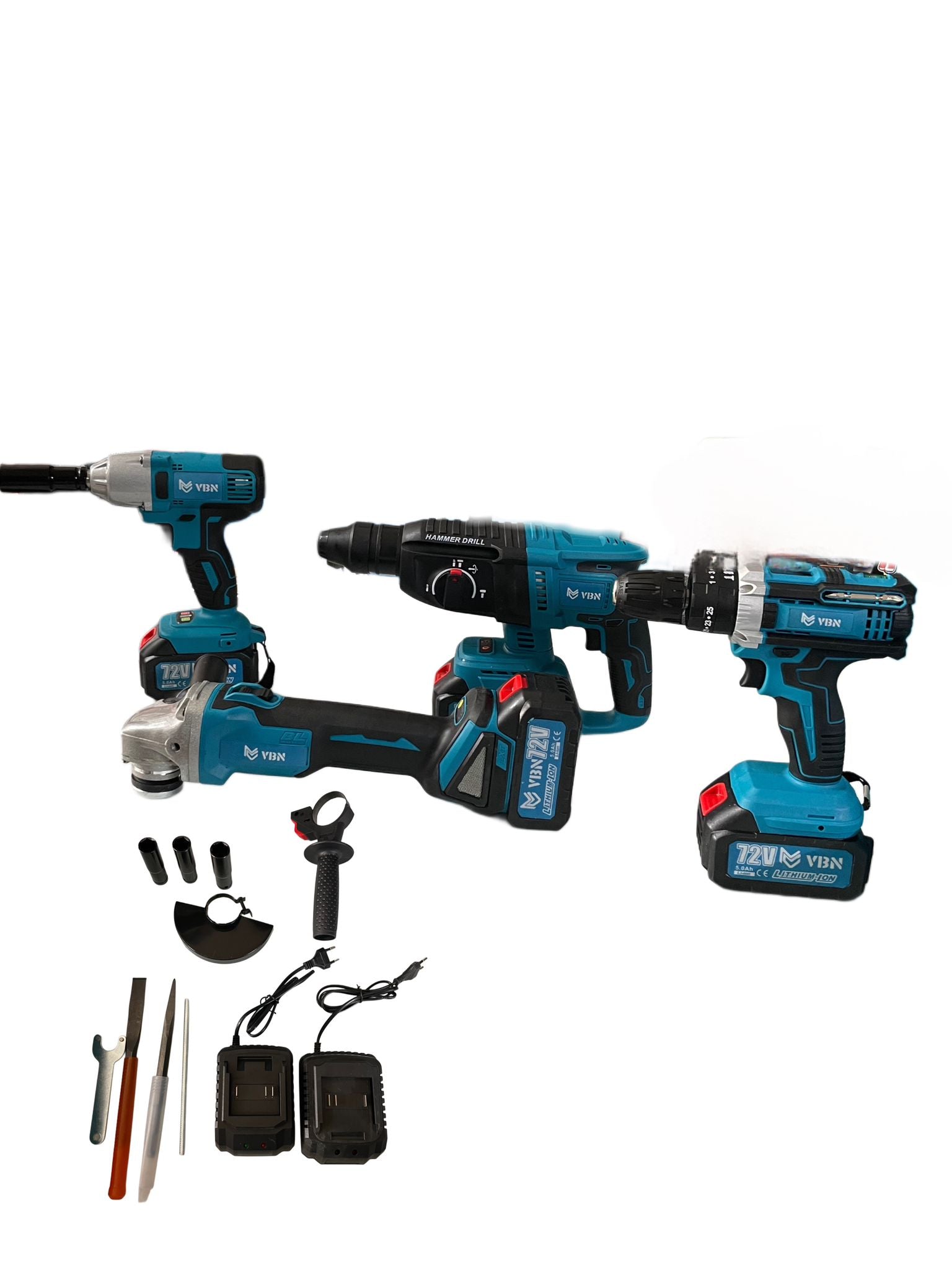 Kit 4 in 1 Smerigliatrice, Trapano ad impulsi, Avvitatore, Tassellatore 72+ 2 batterie + 1 caricabatterie rapido