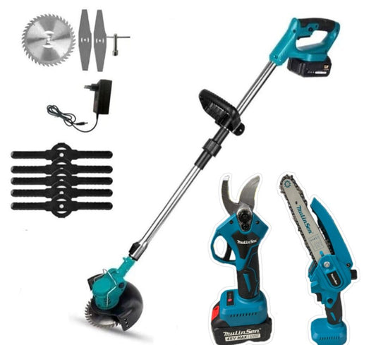 Tris per giardinaggio tagliaerba 48v+ motosega 6” con oleatore+ forbice 30mm con 4 tagli + 2 BATTERIE 48v 5ah +accessori