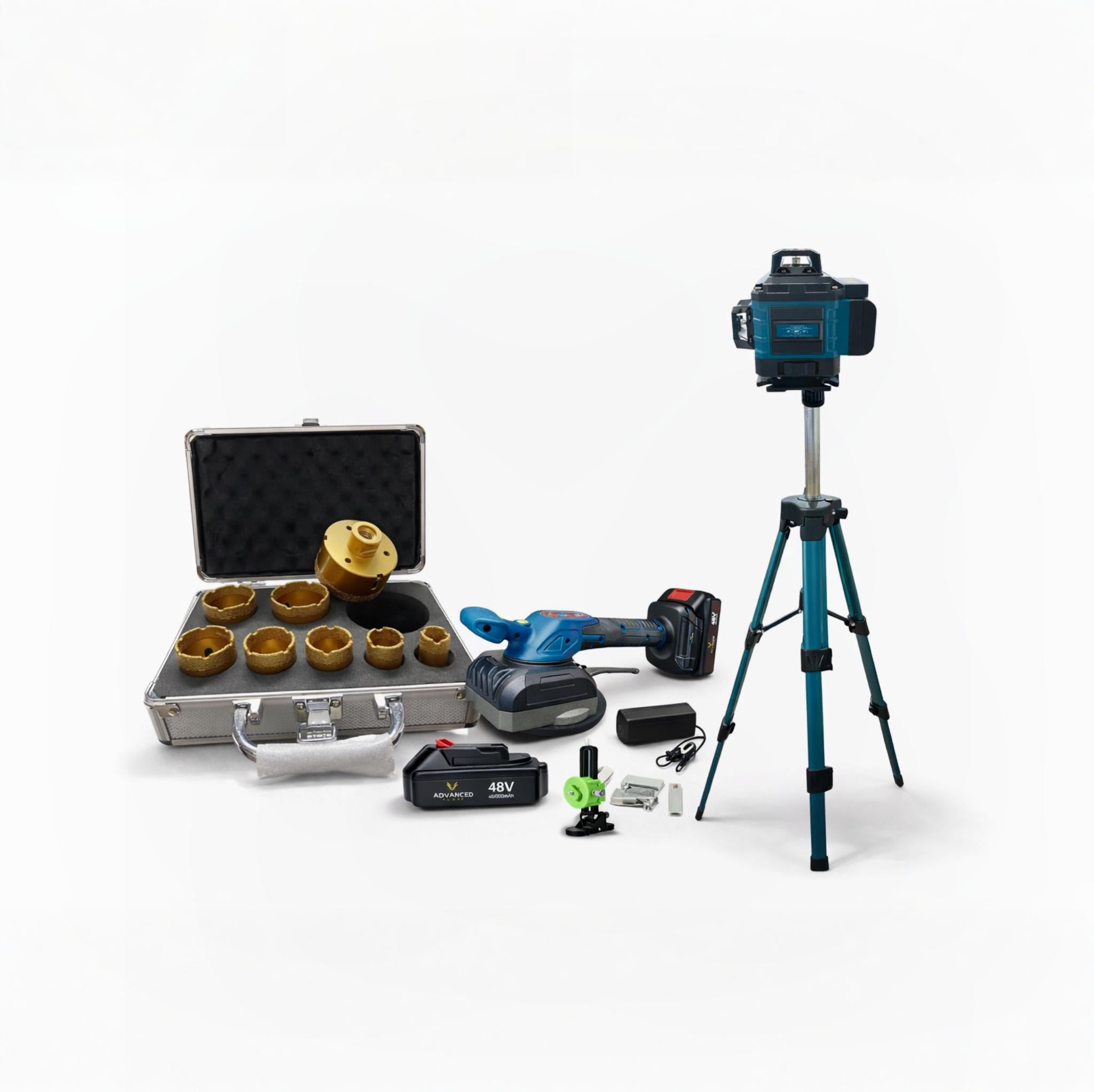 TRIS PIASTRELLISTA 2: Kit Frese a Tazza Diamantate + Livellatrice Vibrante con Ventosa 48V + Livella Laser 16 Linee 4D Autolivellante DISCO DIAMANTATO IN OMAGGIO