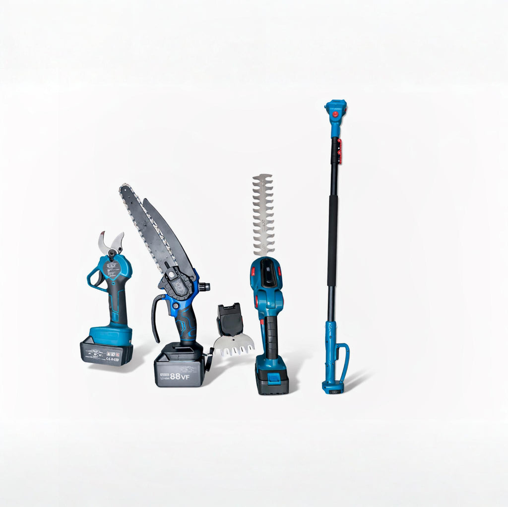 Kit Potatura Elettrico 4-in-1 con Asta Telescopica 3,10m – Motosega 8” con Oleatore + Forbice 35mm + Tagliasiepi + Rifinitore