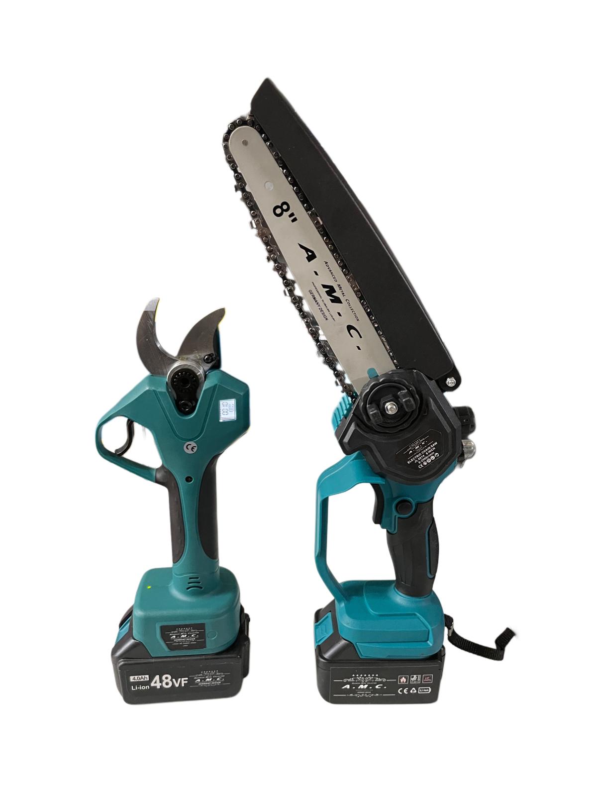 KIT 2 PZ FORBICE 40mm A BATTERIA DA POTATURA +MOTOSEGA 8” VALIGIA 48V 4 BATTERIE+ 2 caricabatterie