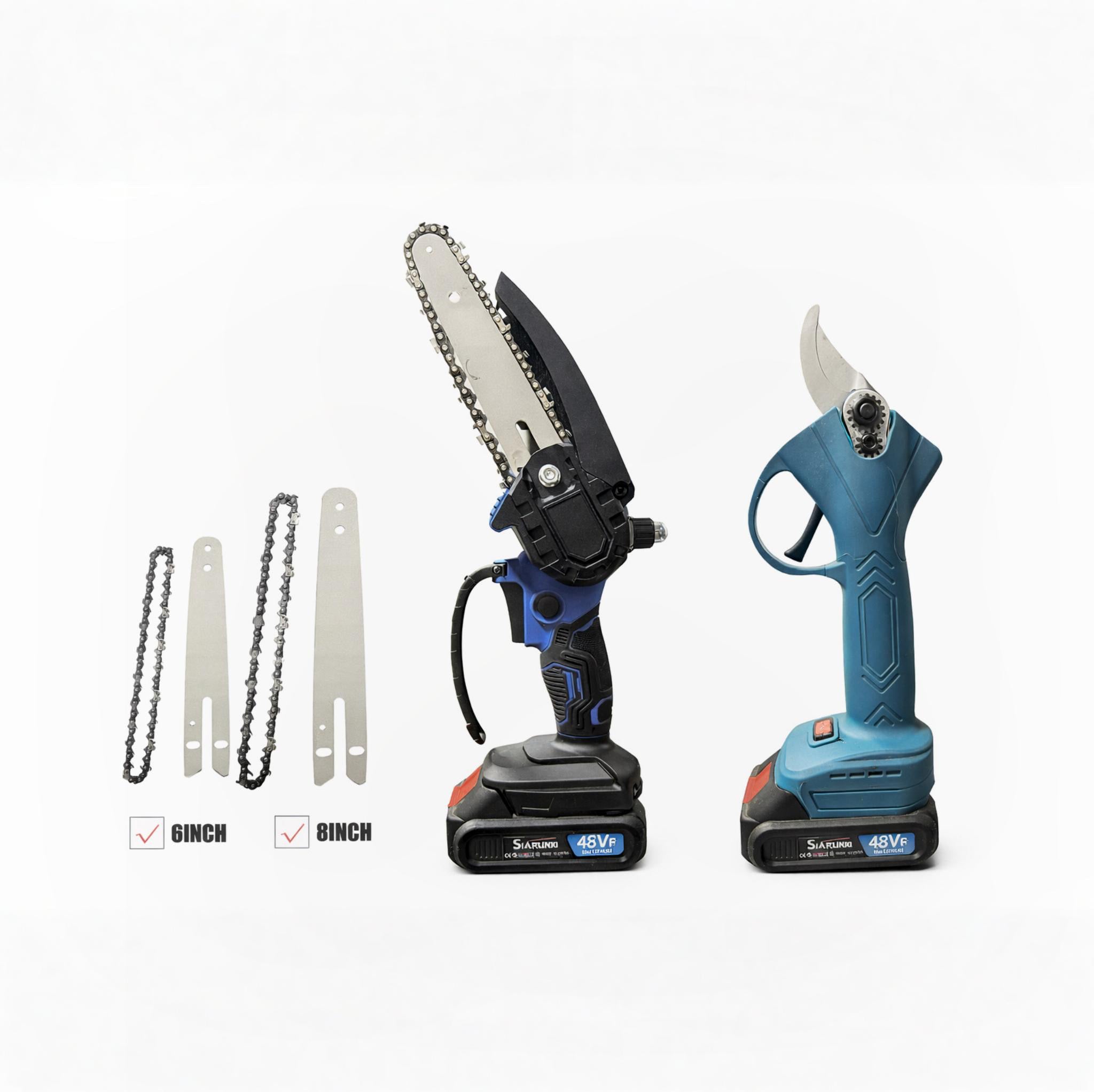 Kit Potatura Elettrico Motosega 8” con Oleatore + Forbice a Batteria – Lame 6” e 8” Incluse – Taglio Facile e Preciso
