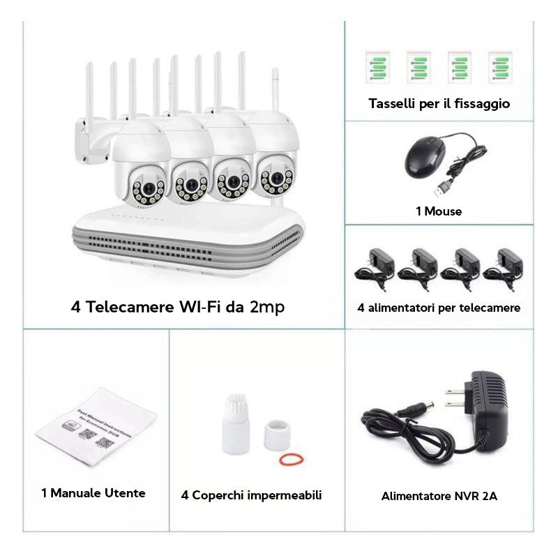 Kit videosorveglianza Wireless telecamere motorizzate Nvr 4 canali Wi-Fi