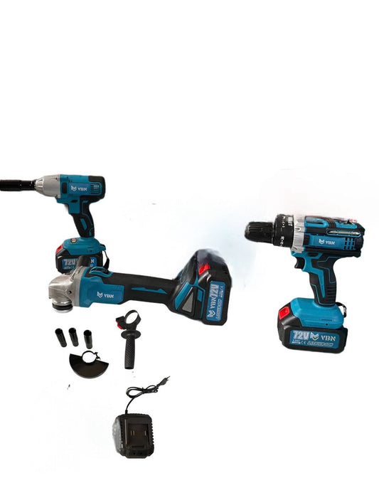 Kit 3 in 1 Trapano Avvitatore + Avvitatore a Impulsi + Smerigliatrice a Doppia Batteria 72v