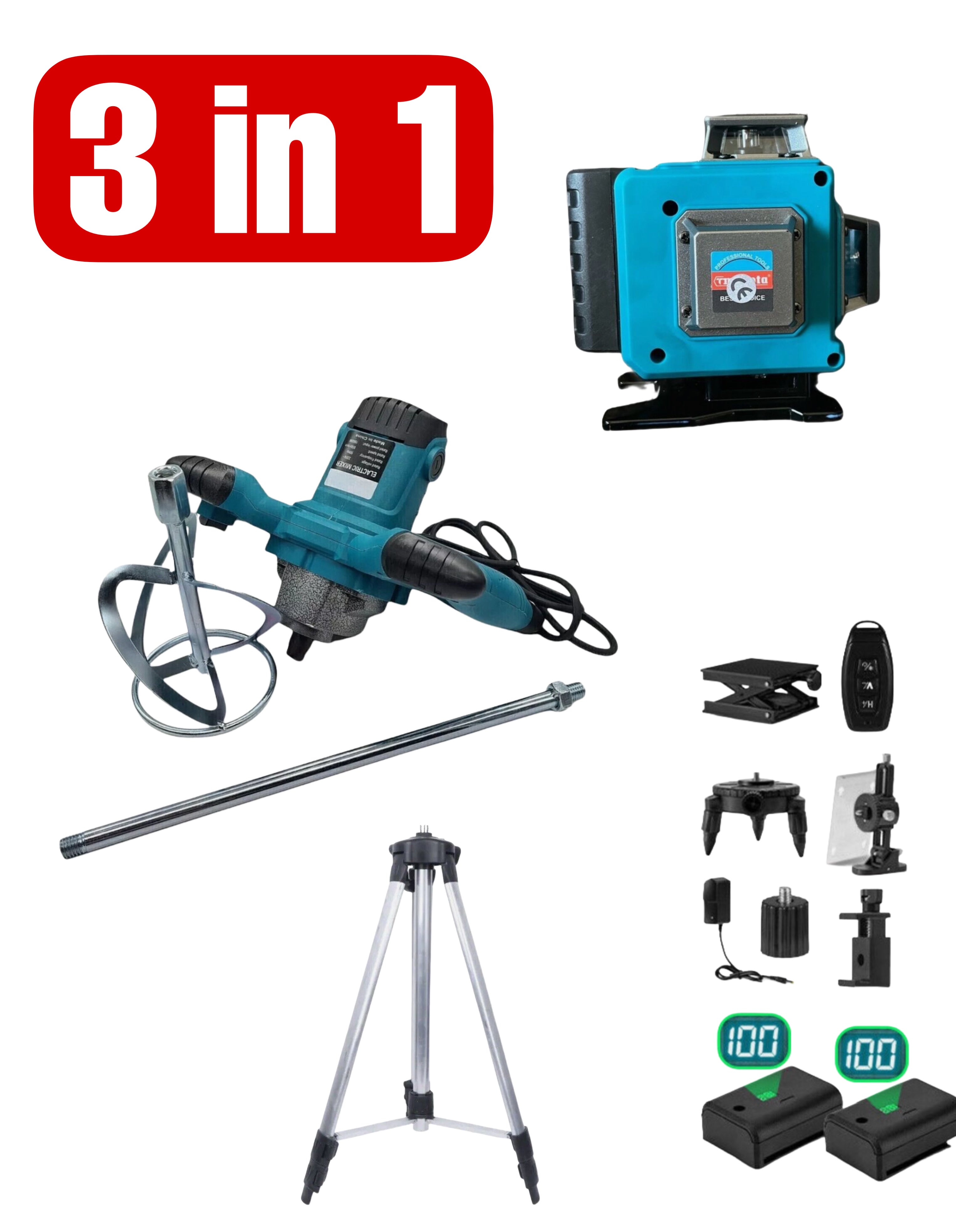 3 in 1- LIVELLA LASER 4D AUTOLIVELLANTE CON ACCESSORI E DOPPIA BATTERIA , TRAPANO MISCELATORE CON REGOLAZIONE VELOCITÀ 1600w , TREPPIEDE PER LIVELLA LASER 130cm