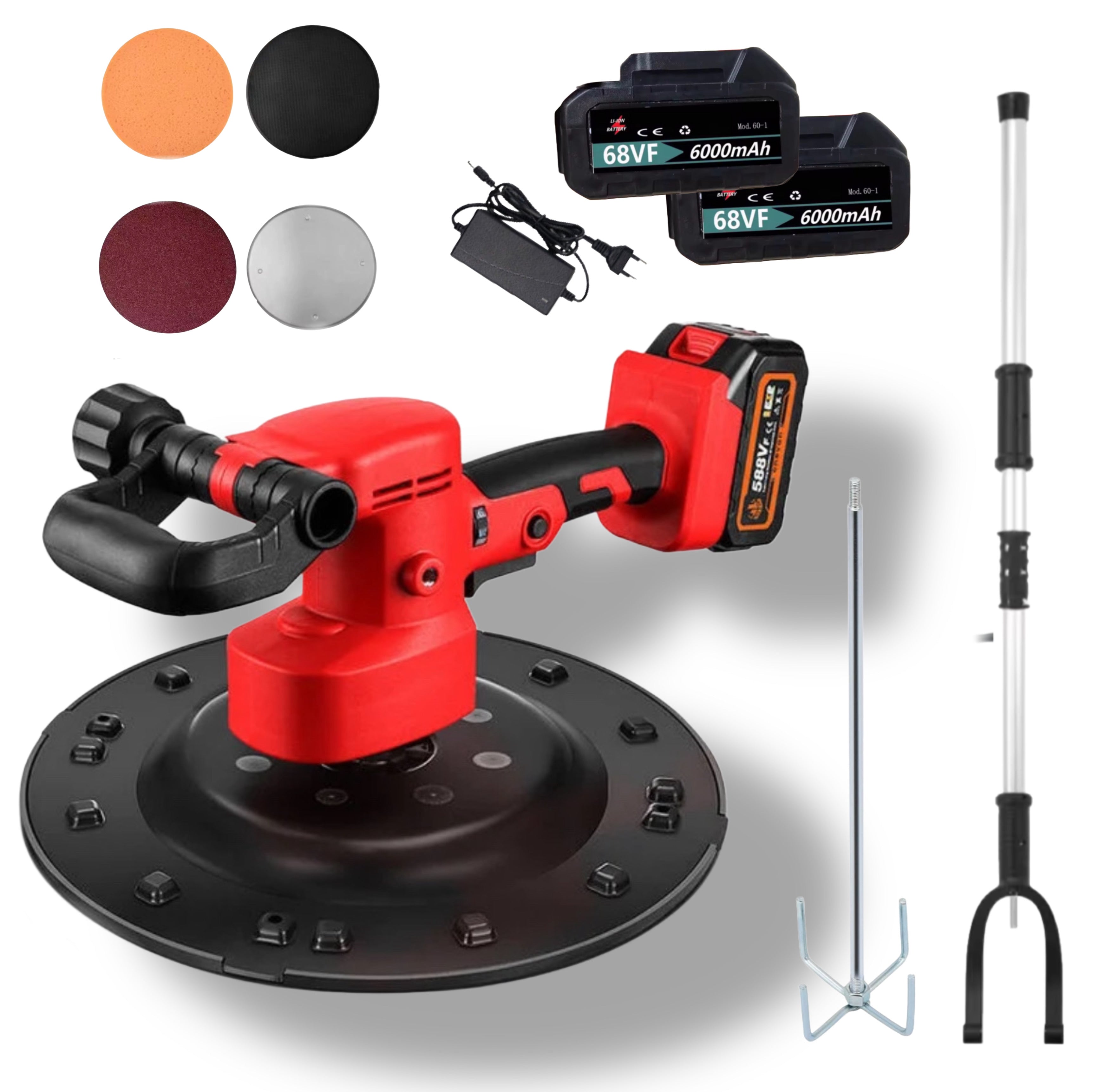 FRATTAZZATRICE FRATTAZZO ELETTRICO , CAZZUOLA LISCIANTE PER INTONACO, DOPPIA BATTERIA 68v 6000mAh CON 4 DISCHI, ASTA TELESCOPICA E FRUSTA PER MISCELAZIONE