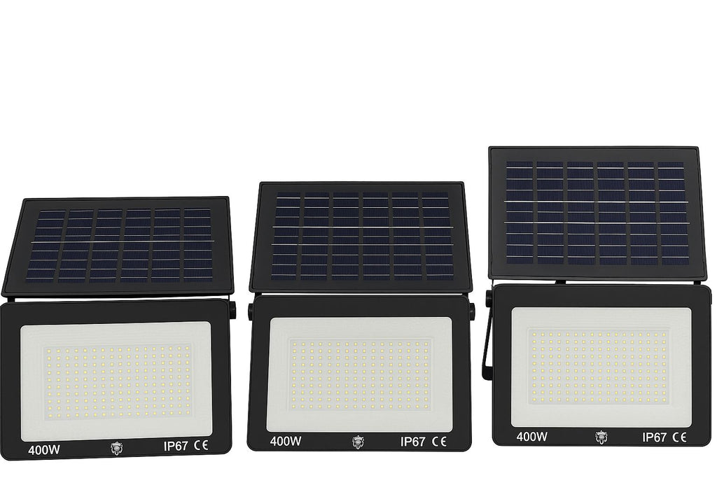 Faro LED Solare 400W con 3 faretti Pannello Solare Pieghevole IP67 – Luce Bianco Freddo, Sensore Crepuscolare e Telecomando – Impermeabile da Esterno per Giardino, Cortile, Garage