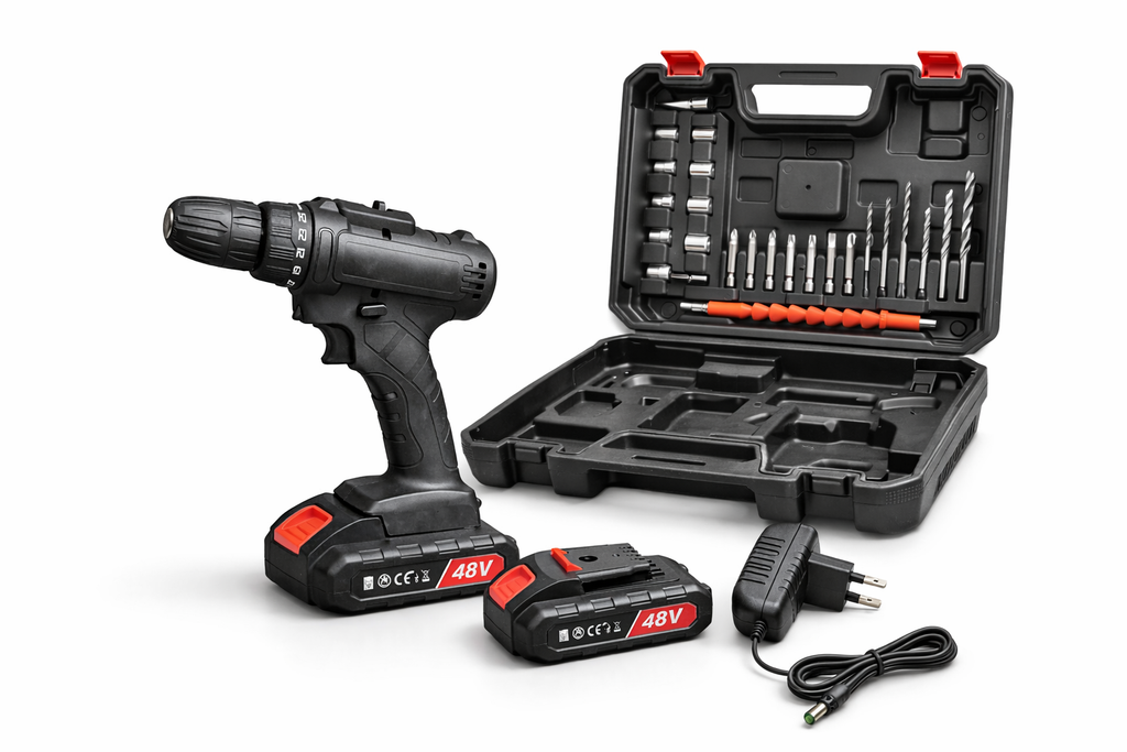 Trapano Avvitatore 48V con Valigetta Completa, 2 Batterie e Set Accessori