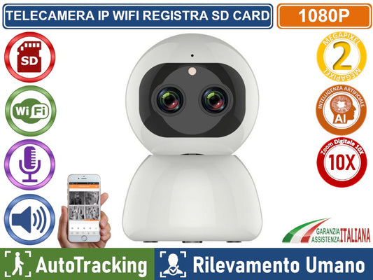 TELECAMERA WIFI IP INTELLIGENT CAMERA ZOOM 10X 2MP FULL HD AUTOTRACKING HUMAN DETECT REGISTRA SU CLOUD E SD CARD