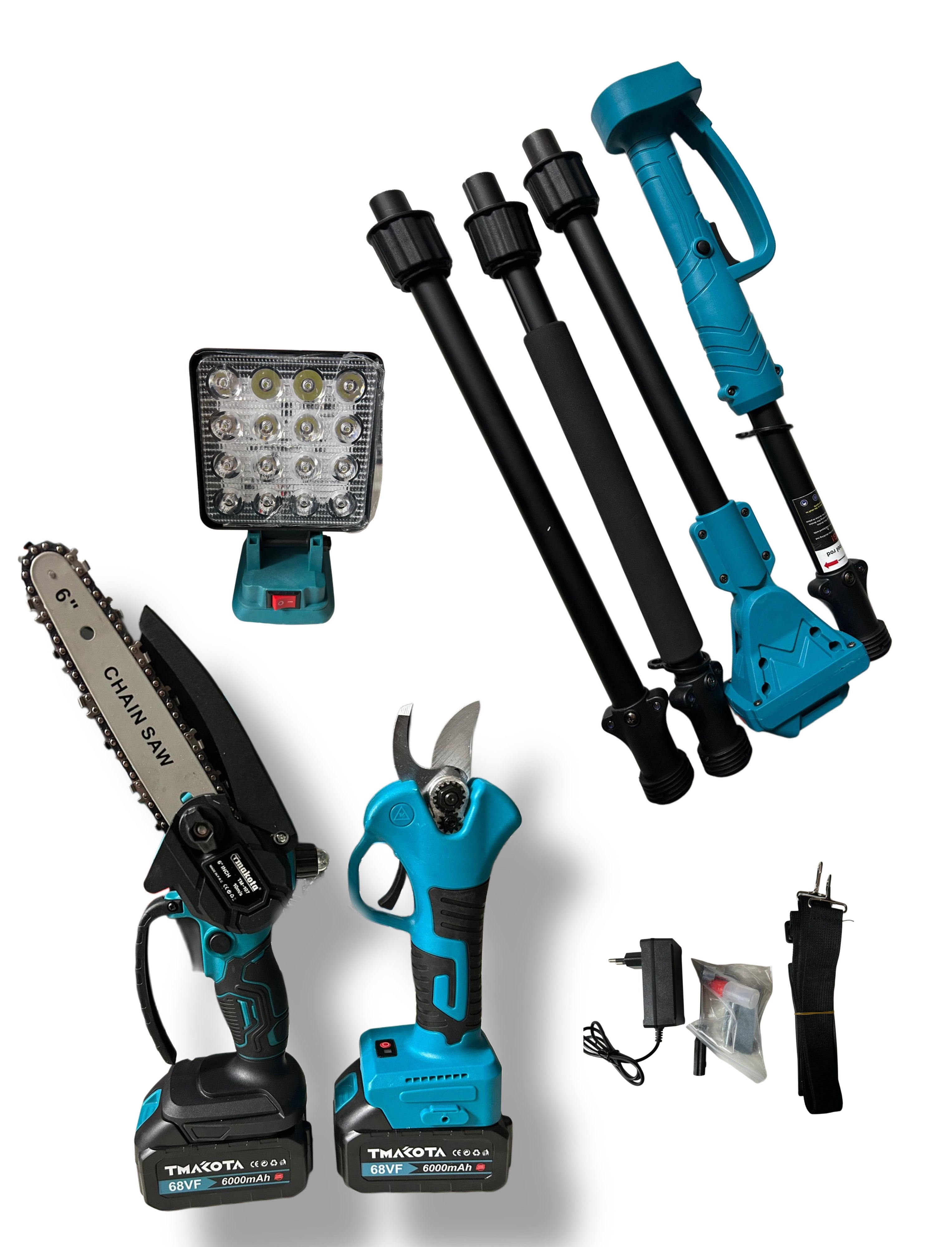 KIT POTATURA MOTOSEGA OLEATORE 6" + CESOIA A BATTERIA CON ASTA TELESCOPICA SMONTABILE 240cm + TORCIA POWERBANK DOPPIA BATTERIA 68v 6000mAh